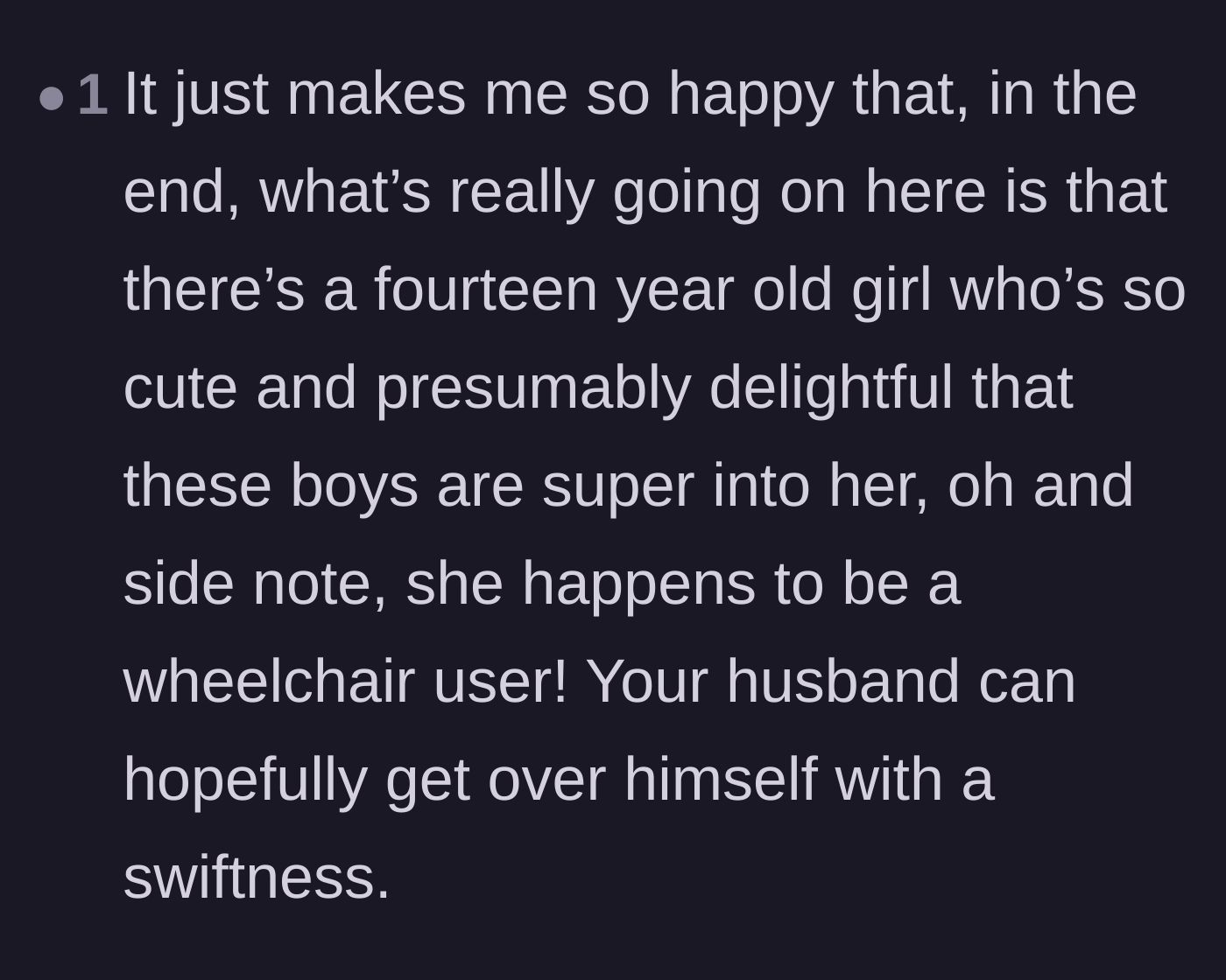 Comment thread 5 - A celebration of the wholesome reality that a teenage girl is simply enjoying being the popular, pretty new kid at school.