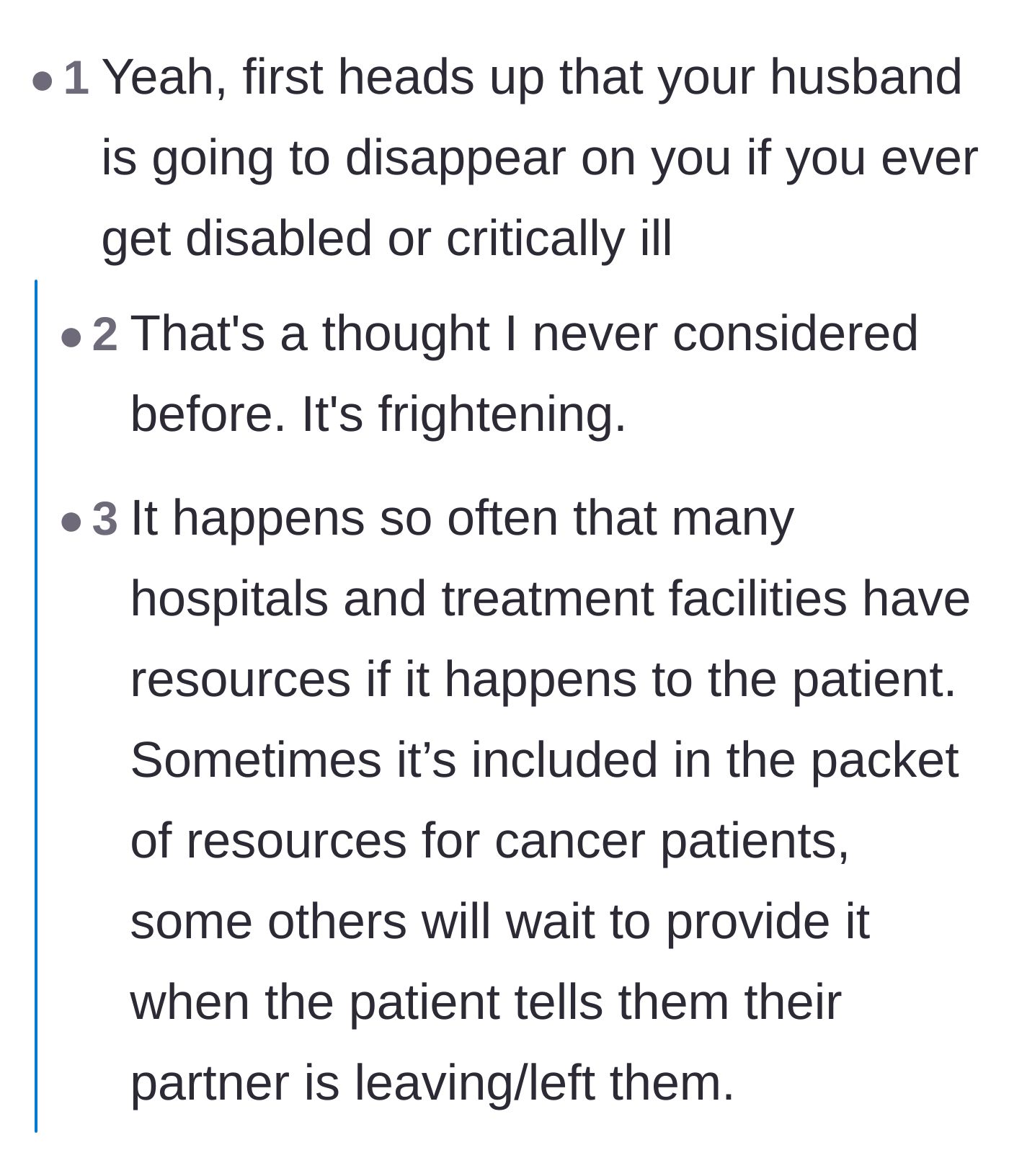 Comment thread 6 - A grim warning about the high statistics of men who abandon their partners following a serious illness or disability diagnosis.
