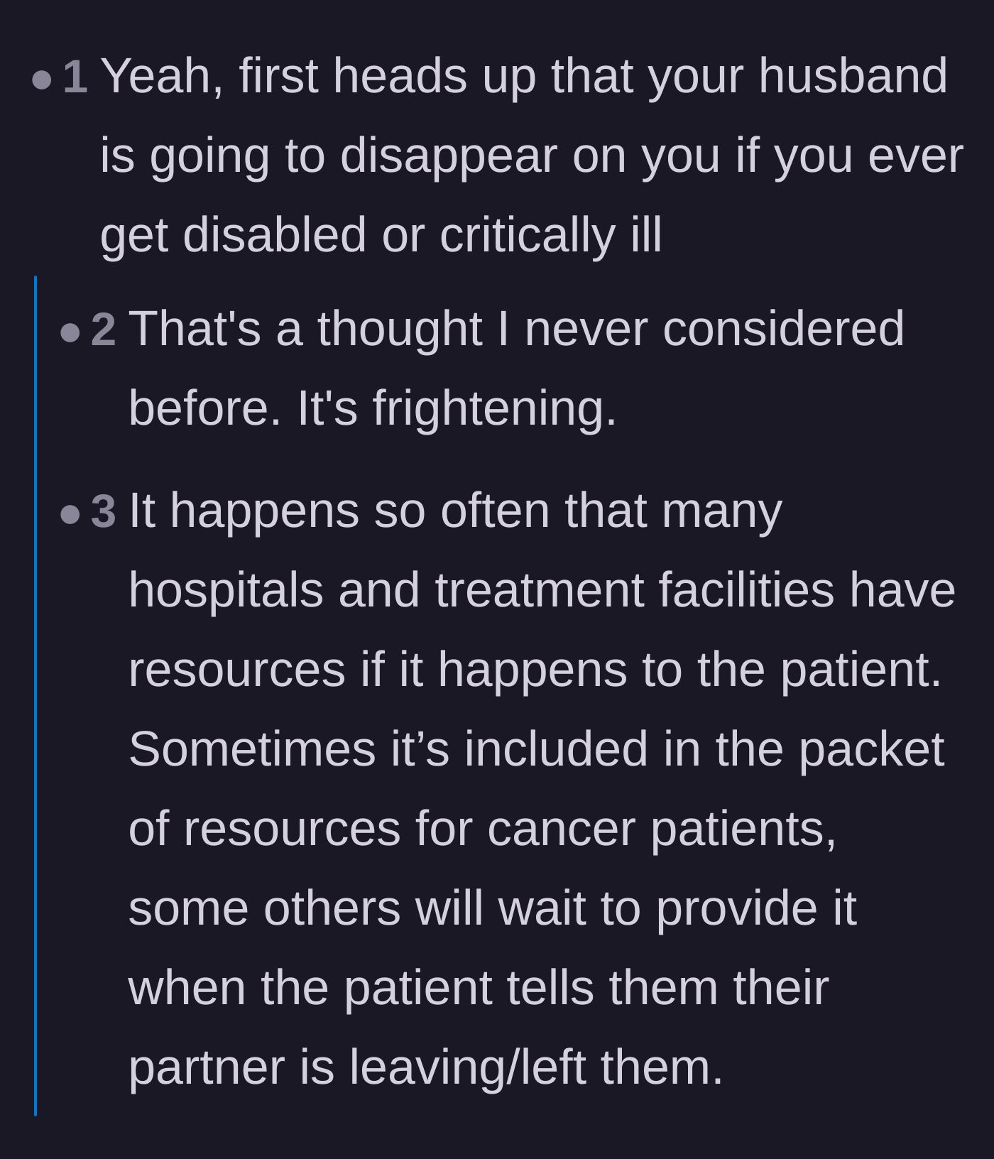 Comment thread 6 - A grim warning about the high statistics of men who abandon their partners following a serious illness or disability diagnosis.