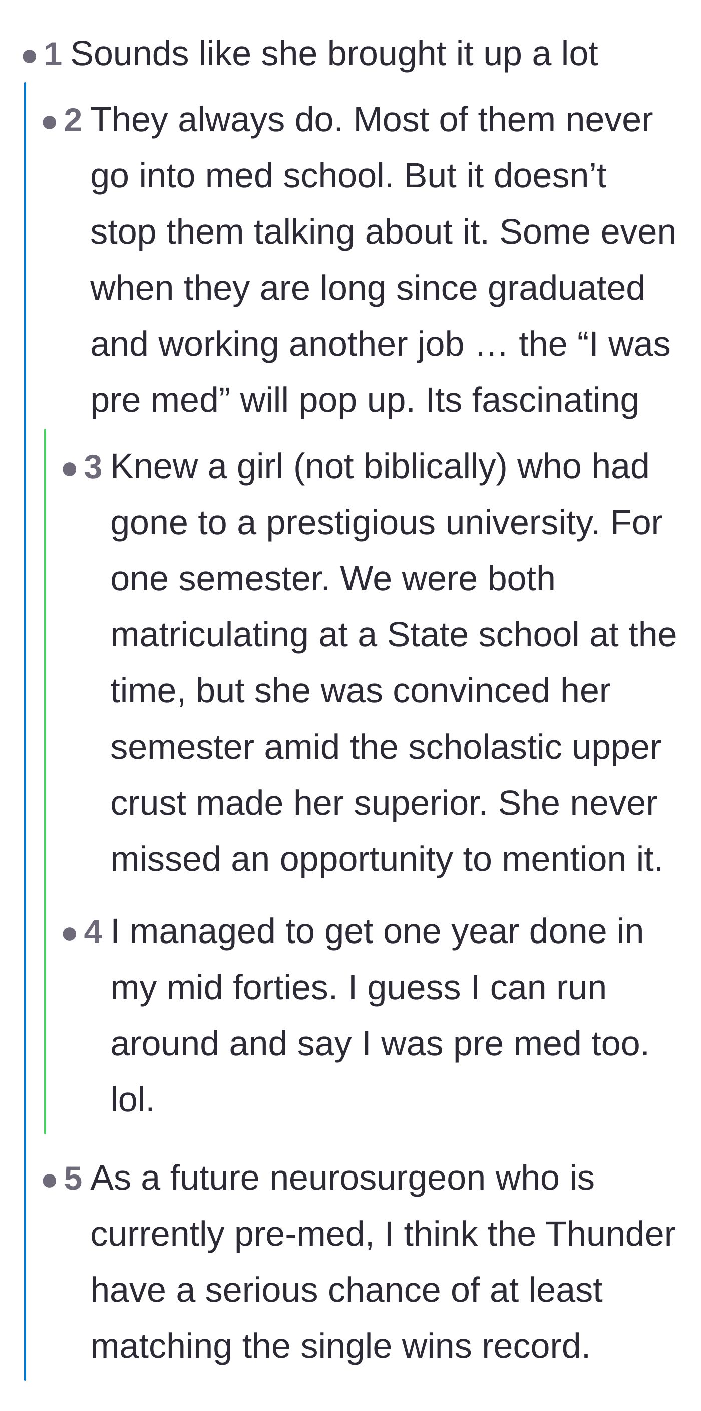 Comment thread 1 - A discussion about how people who never actually make it to medical school won't stop bringing up their 'pre-med' status.