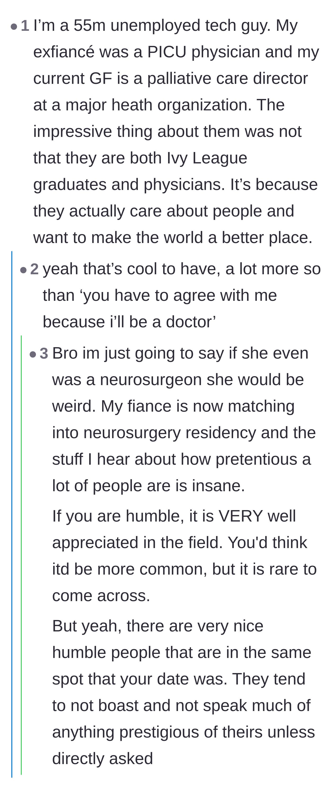 Comment thread 2 - A user shares how his highly successful physician partners impress people with their compassion and humility, not their titles.