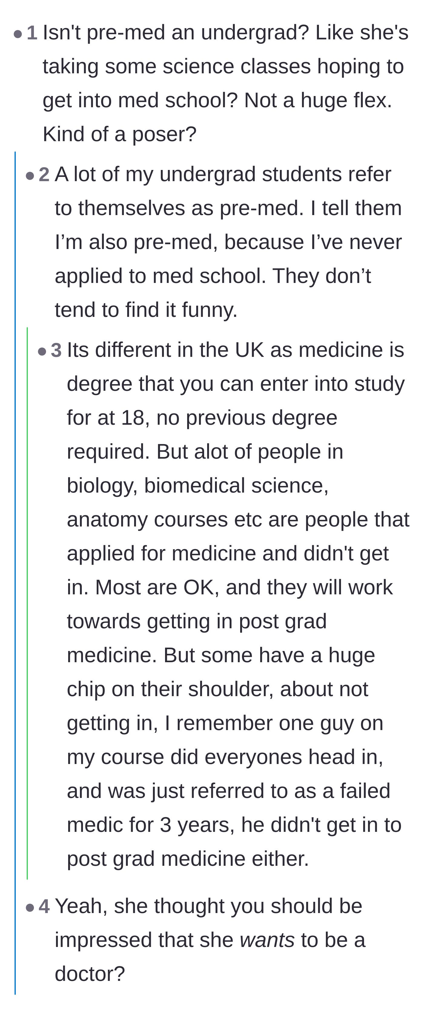 Comment thread 3 - Users mock the idea of 'pre-med' being a major flex, with a professor joking that anyone who hasn't applied to med school is technically pre-med.