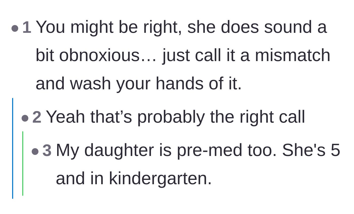 Comment thread 4 - A commenter advises washing his hands of the mismatch, followed by a witty joke about a 5-year-old kindergartener also being pre-med.