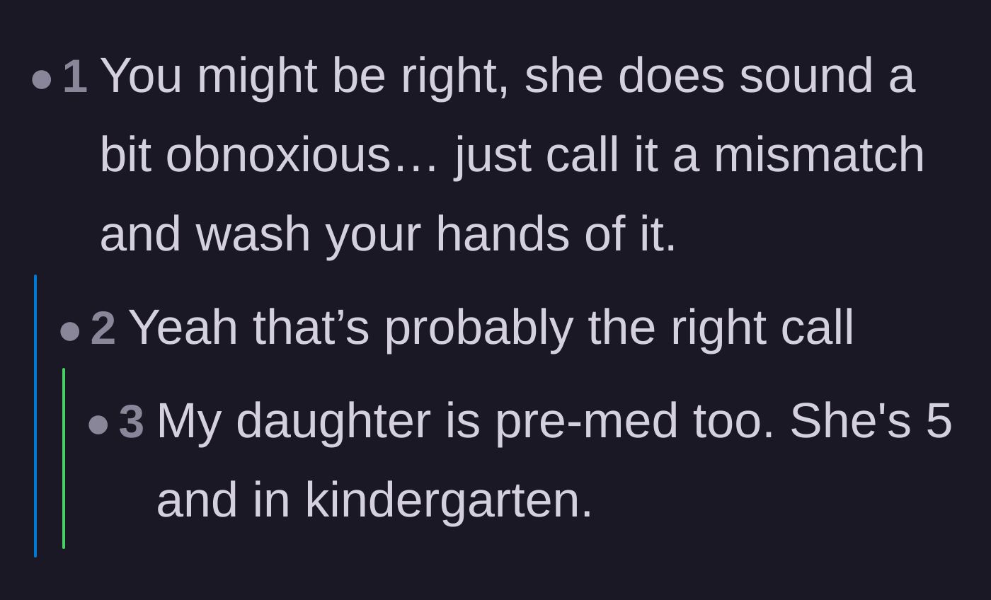 Comment thread 4 - A commenter advises washing his hands of the mismatch, followed by a witty joke about a 5-year-old kindergartener also being pre-med.