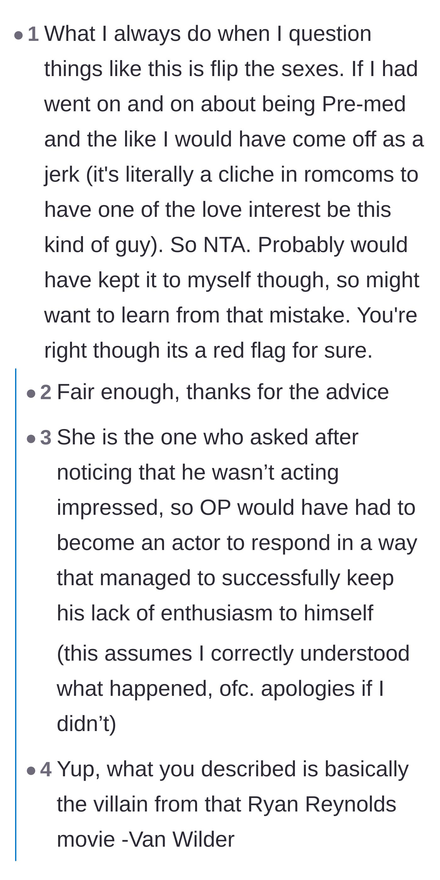 Comment thread 6 - A user points out that if the genders were reversed, her arrogant behavior would mirror a classic arrogant movie villain.