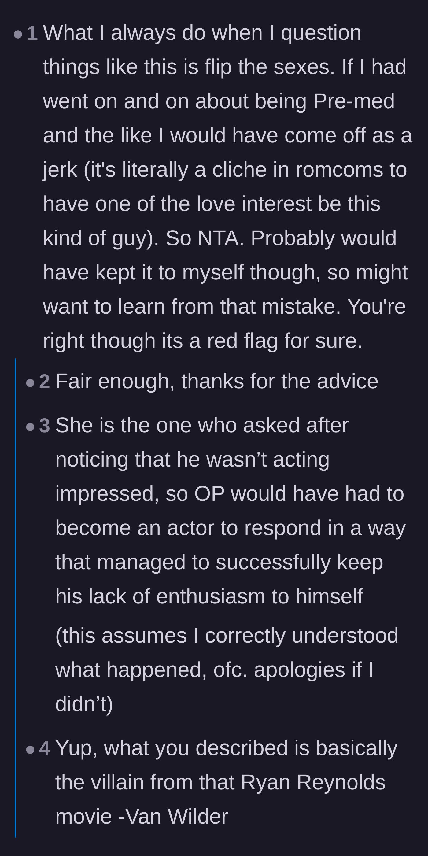 Comment thread 6 - A user points out that if the genders were reversed, her arrogant behavior would mirror a classic arrogant movie villain.