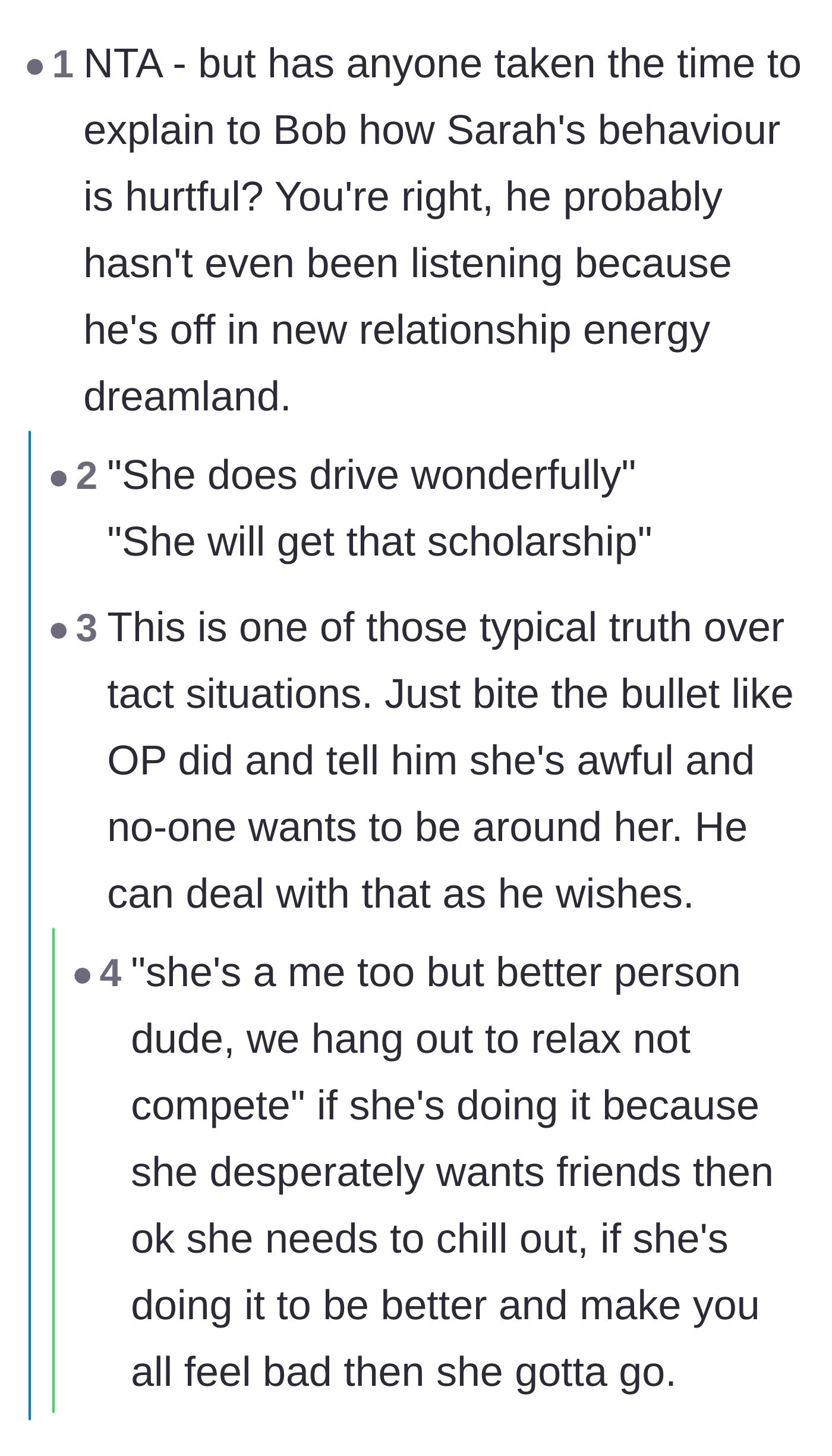 Comment thread 1 - Debating whether the girlfriend's behavior stems from social awkwardness or a competitive need to one-up everyone.