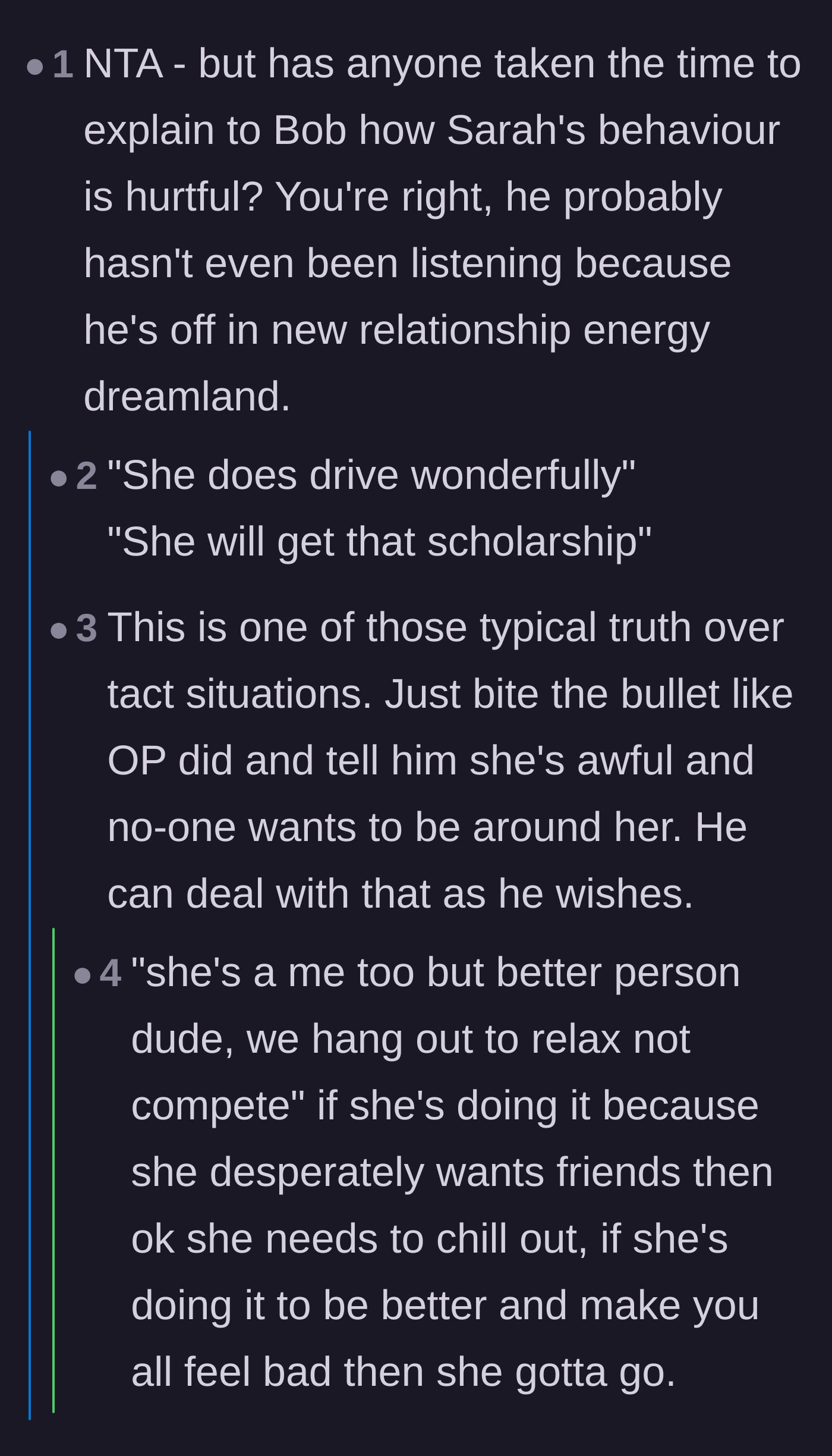 Comment thread 1 - Debating whether the girlfriend's behavior stems from social awkwardness or a competitive need to one-up everyone.