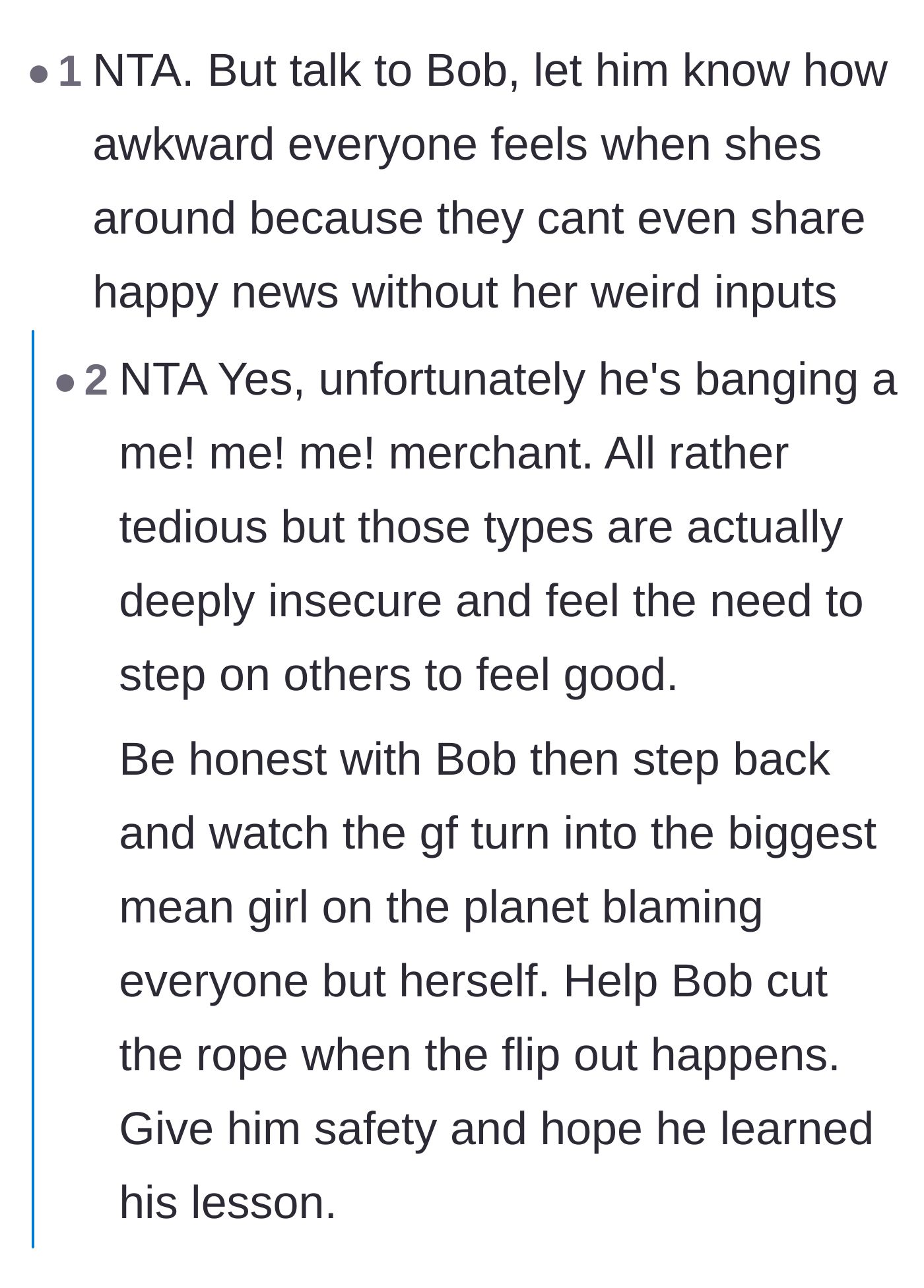 Comment thread 2 - Advice on telling Bob to observe his girlfriend's reactions to positive news instead of just arguing with him.