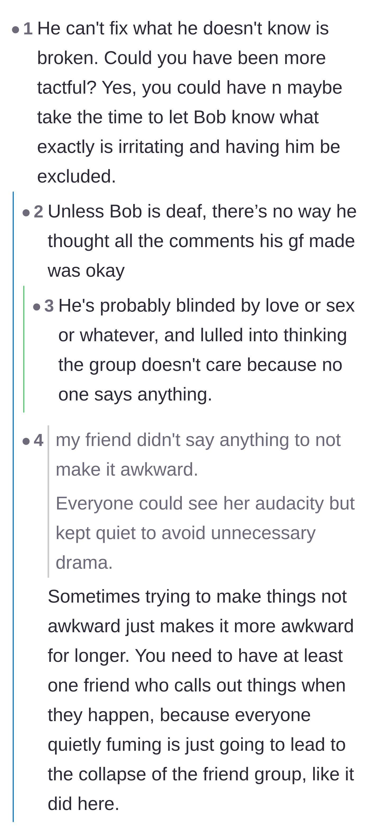 Comment thread 3 - Arguing about whether Bob is blinded by infatuation or just a bad friend for ignoring his girlfriend's blatant body-shaming.