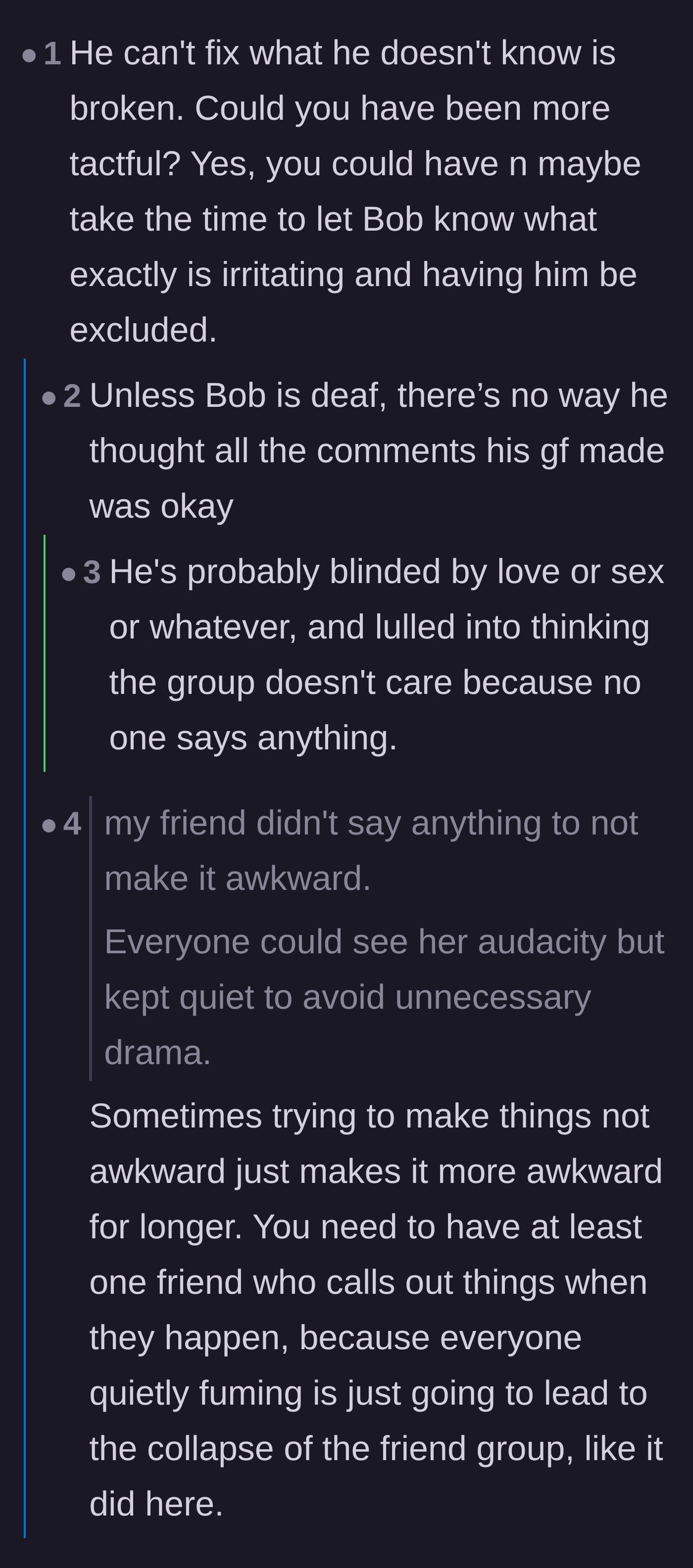 Comment thread 3 - Arguing about whether Bob is blinded by infatuation or just a bad friend for ignoring his girlfriend's blatant body-shaming.