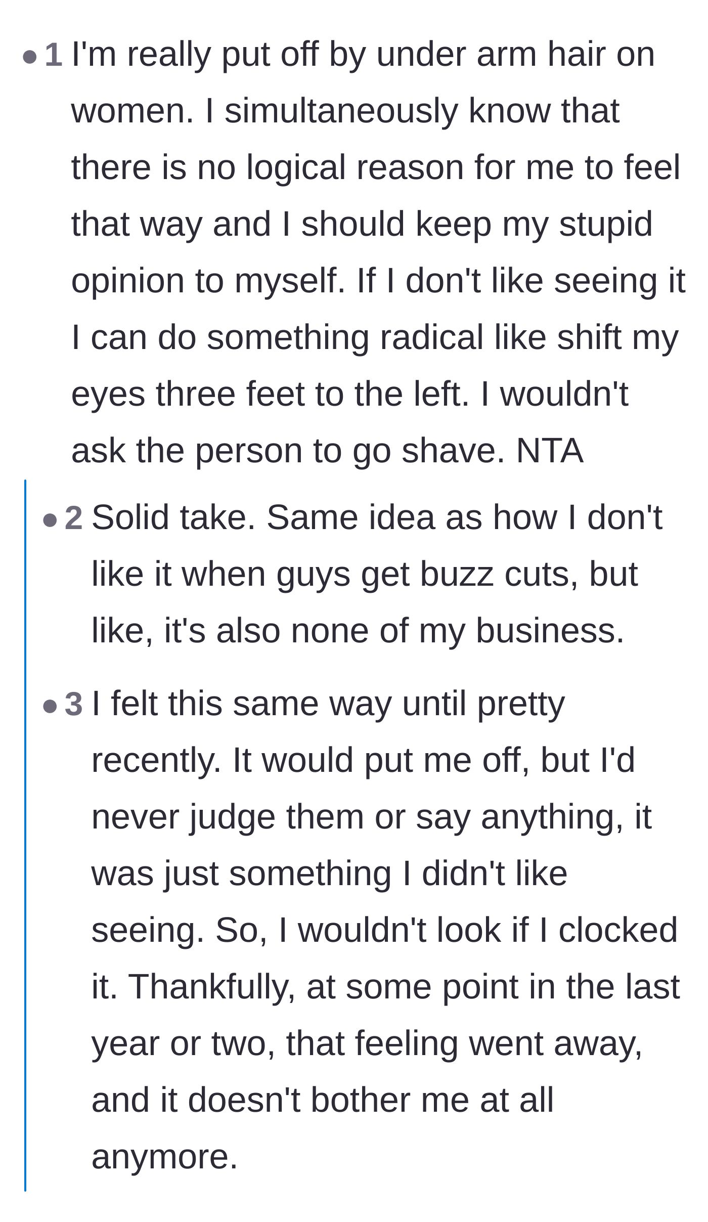 Comment thread 2 - A discussion on how society and marketing have conditioned people to feel jump-scared by natural women's body hair.