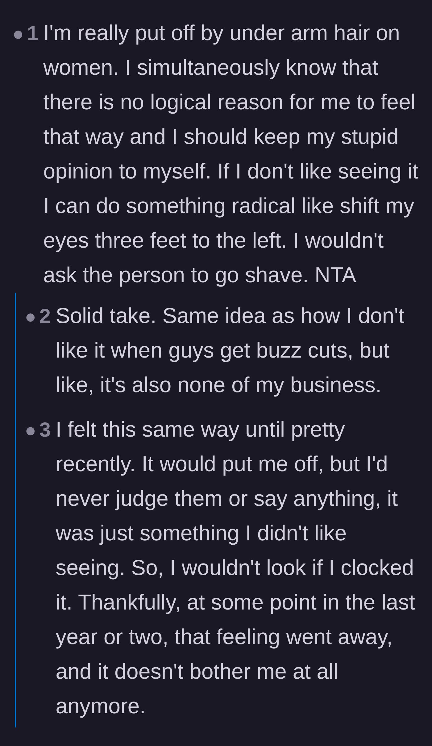Comment thread 2 - A discussion on how society and marketing have conditioned people to feel jump-scared by natural women's body hair.