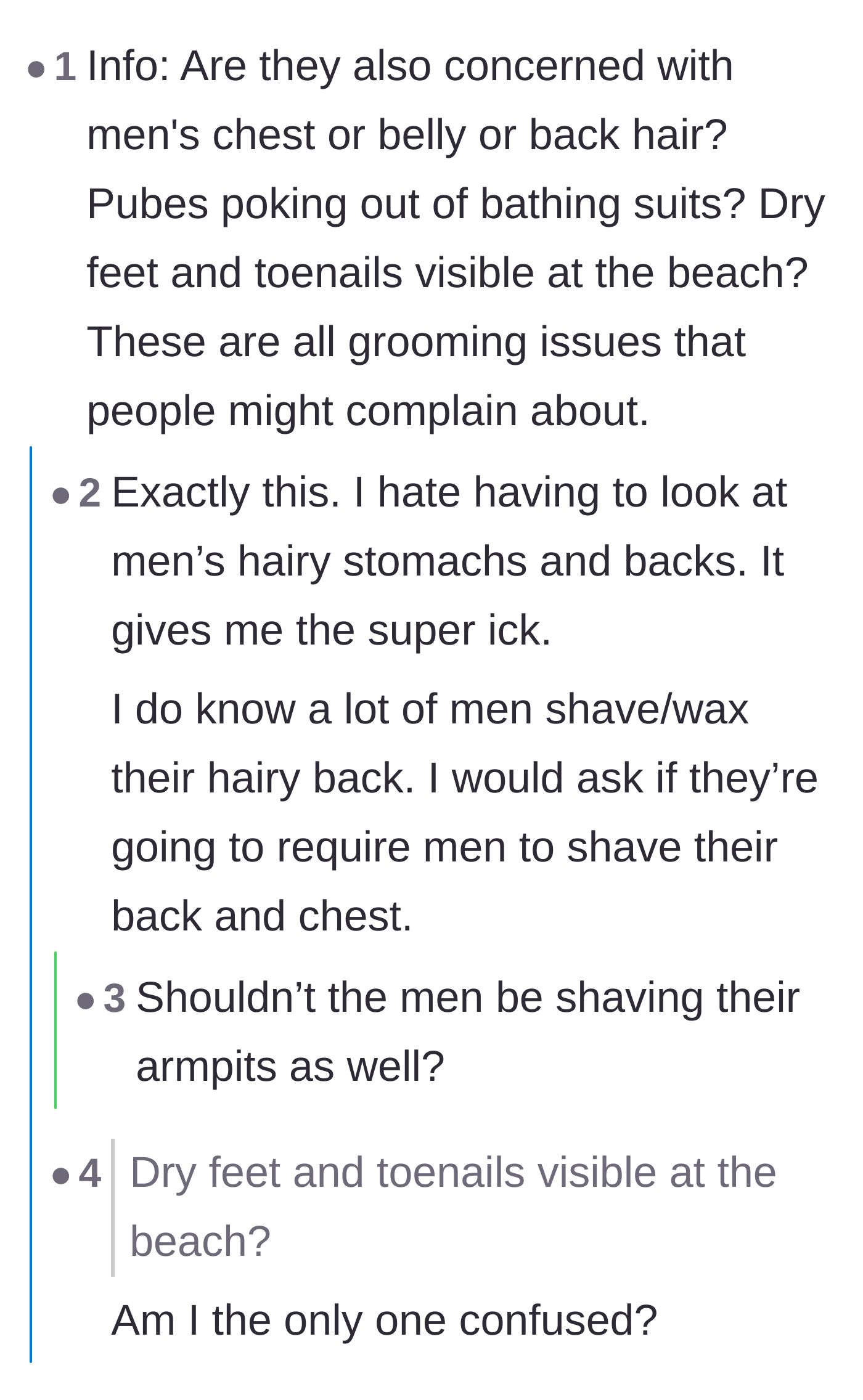 Comment thread 3 - Commenters pointing out the double standard of men being allowed to show chest, back, and belly hair without criticism.