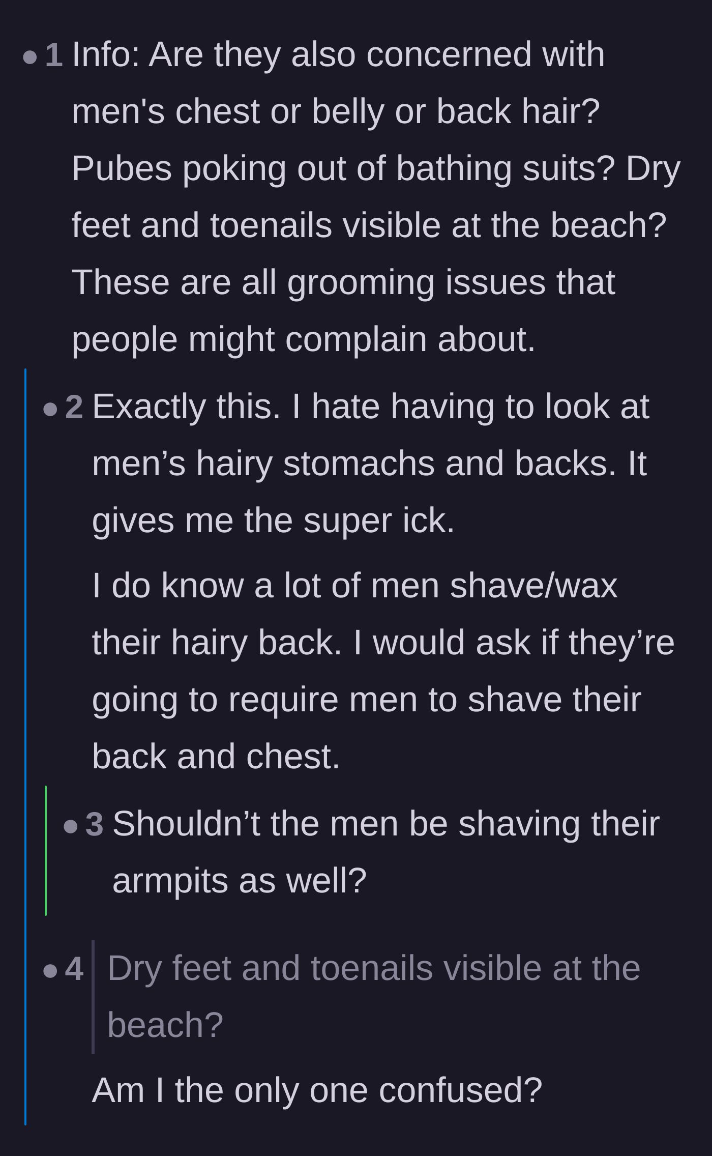 Comment thread 3 - Commenters pointing out the double standard of men being allowed to show chest, back, and belly hair without criticism.