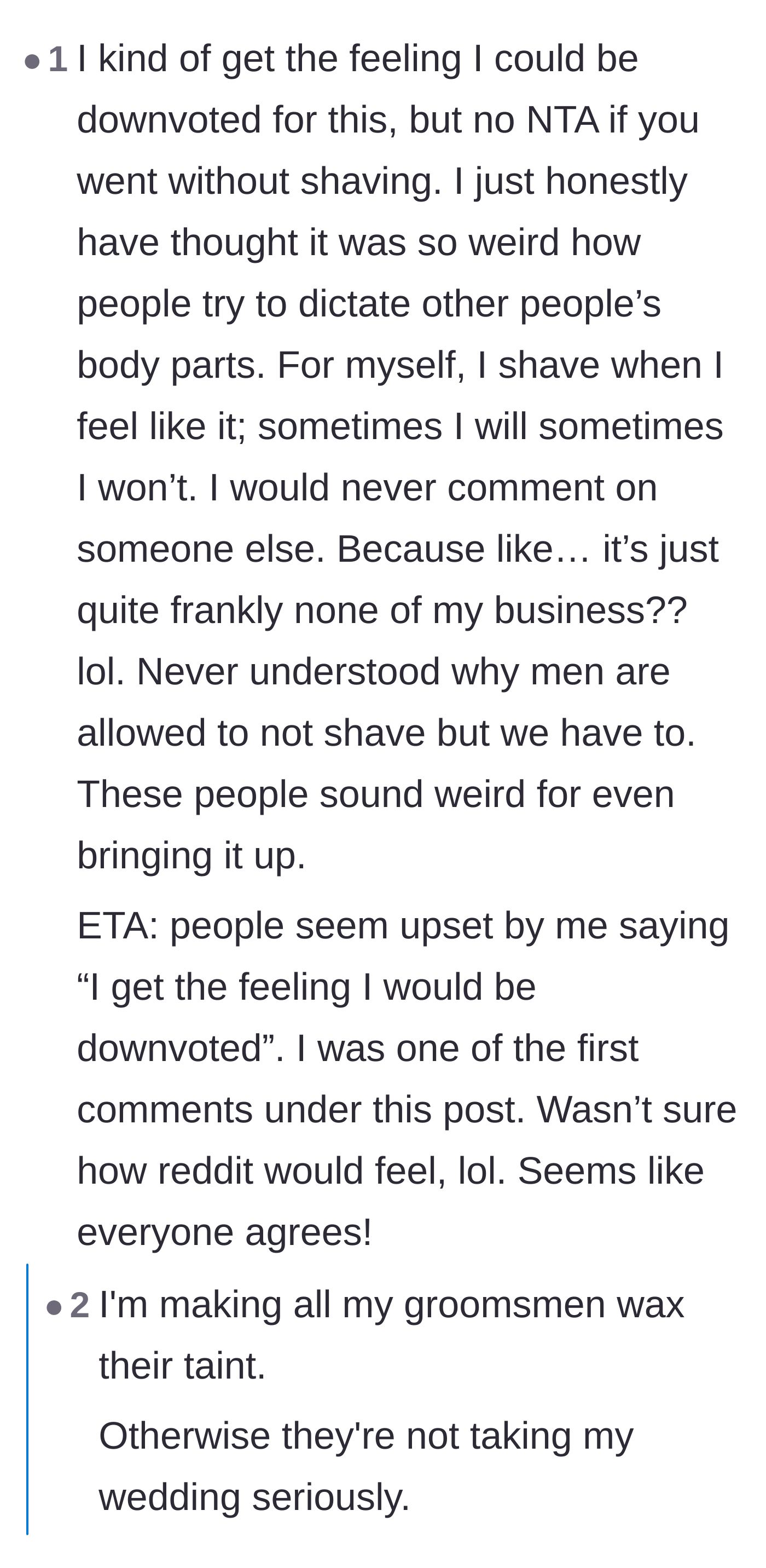 Comment thread 4 - Readers expressing shock that the woman isn't even in the wedding party, alongside a joke about making groomsmen wax their taints.