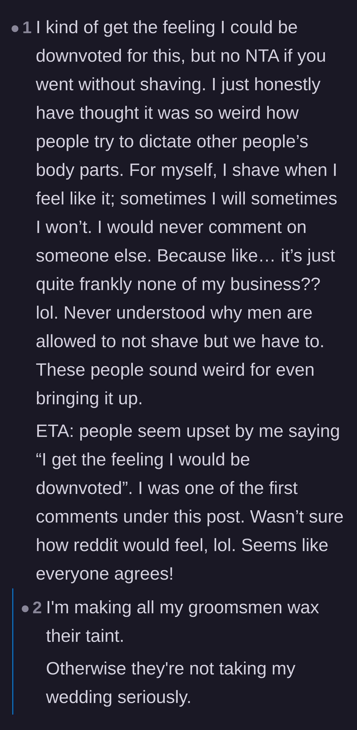 Comment thread 4 - Readers expressing shock that the woman isn't even in the wedding party, alongside a joke about making groomsmen wax their taints.