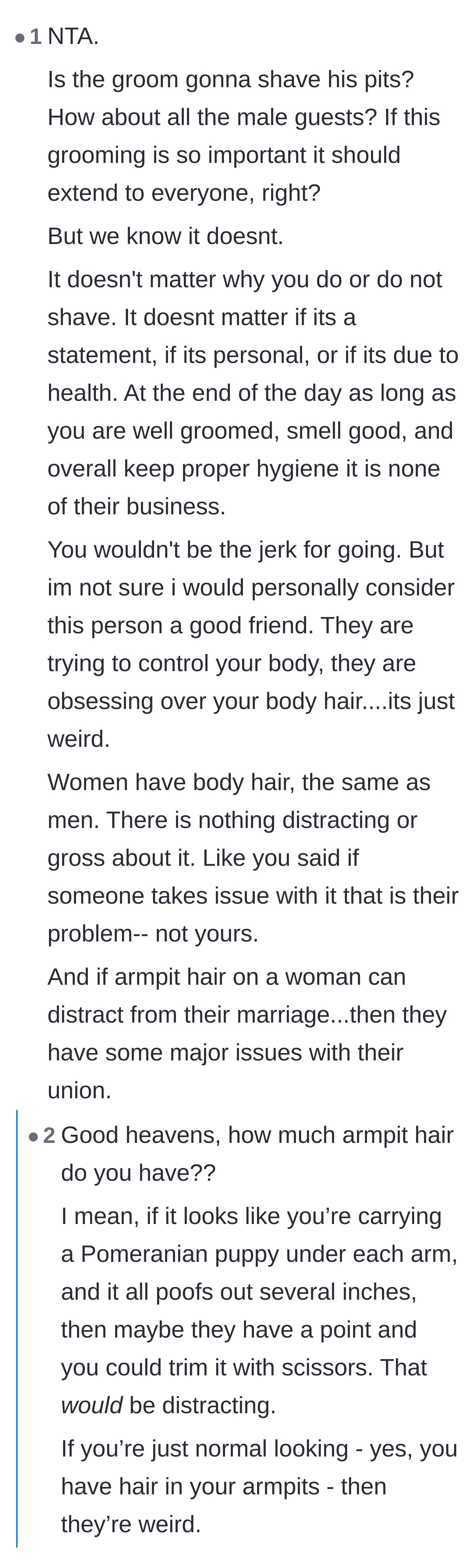Comment thread 6 - A humorous comment asking if the woman has so much armpit hair that it looks like she is carrying Pomeranian puppies.