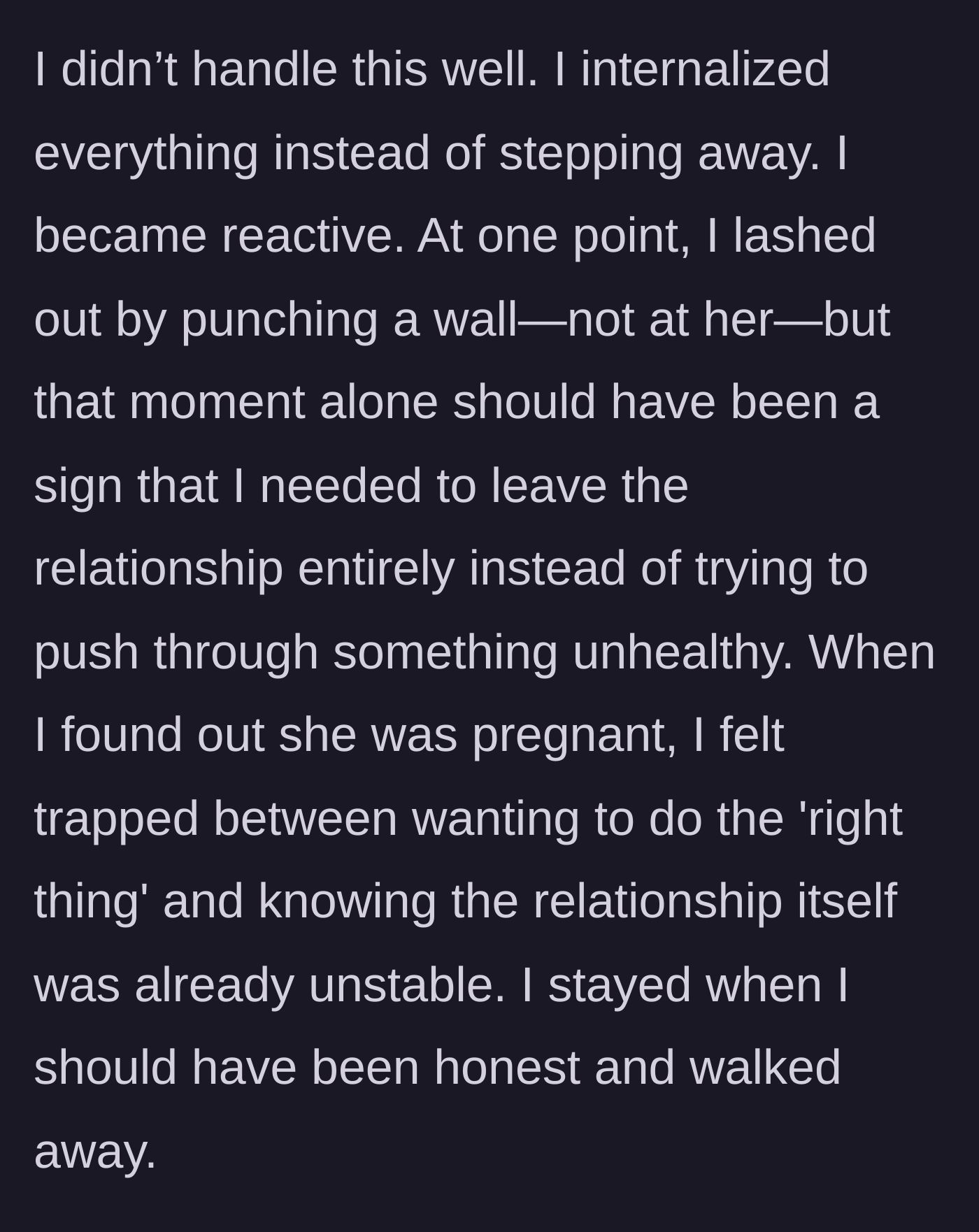 Story part 11 - Husband reacts by punching a wall and feeling trapped by pregnancy.