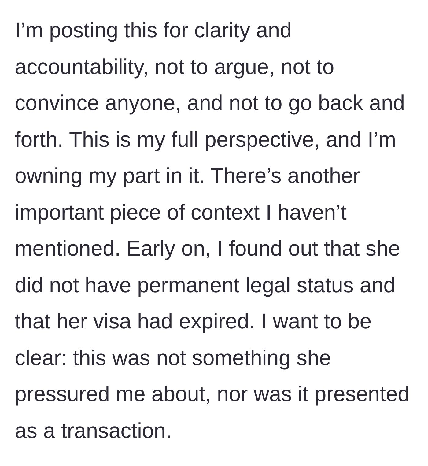 Story part 15 - Husband clarifies he wants accountability and introduces the visa issue.