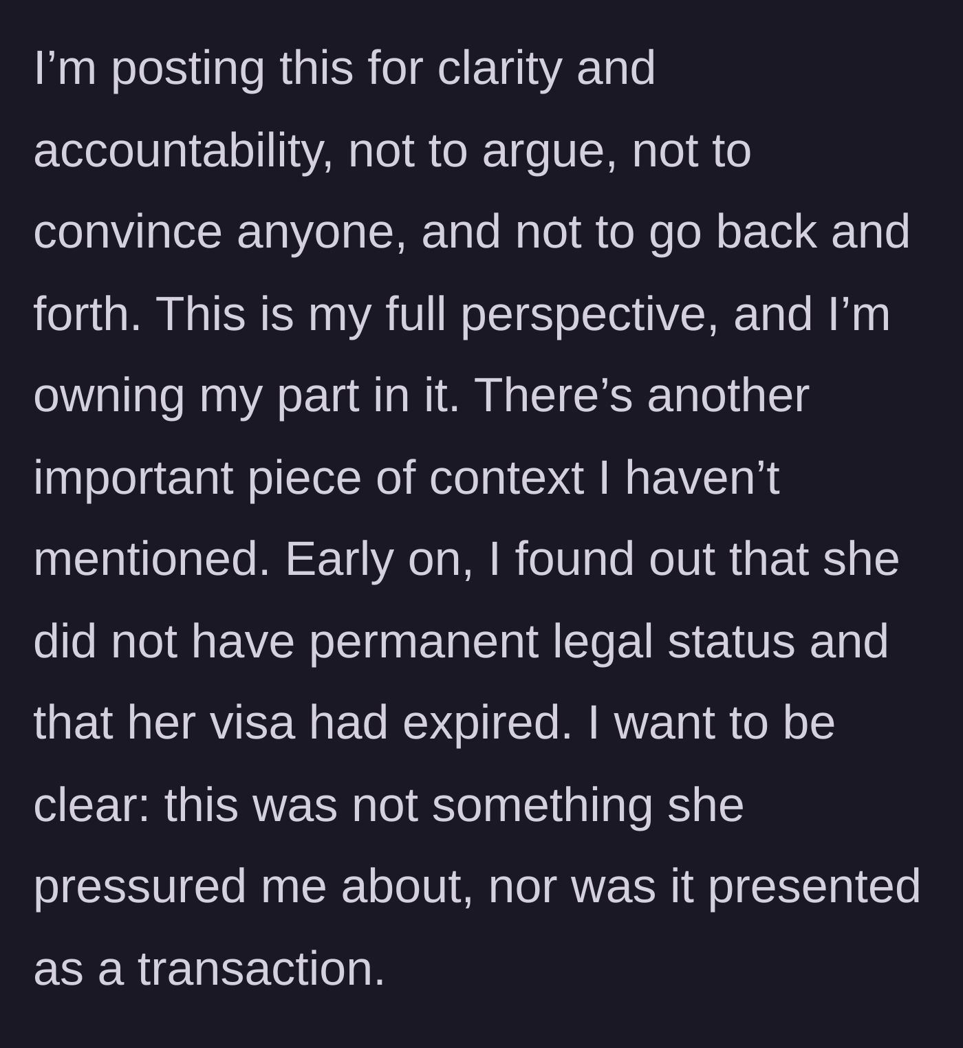 Story part 15 - Husband clarifies he wants accountability and introduces the visa issue.