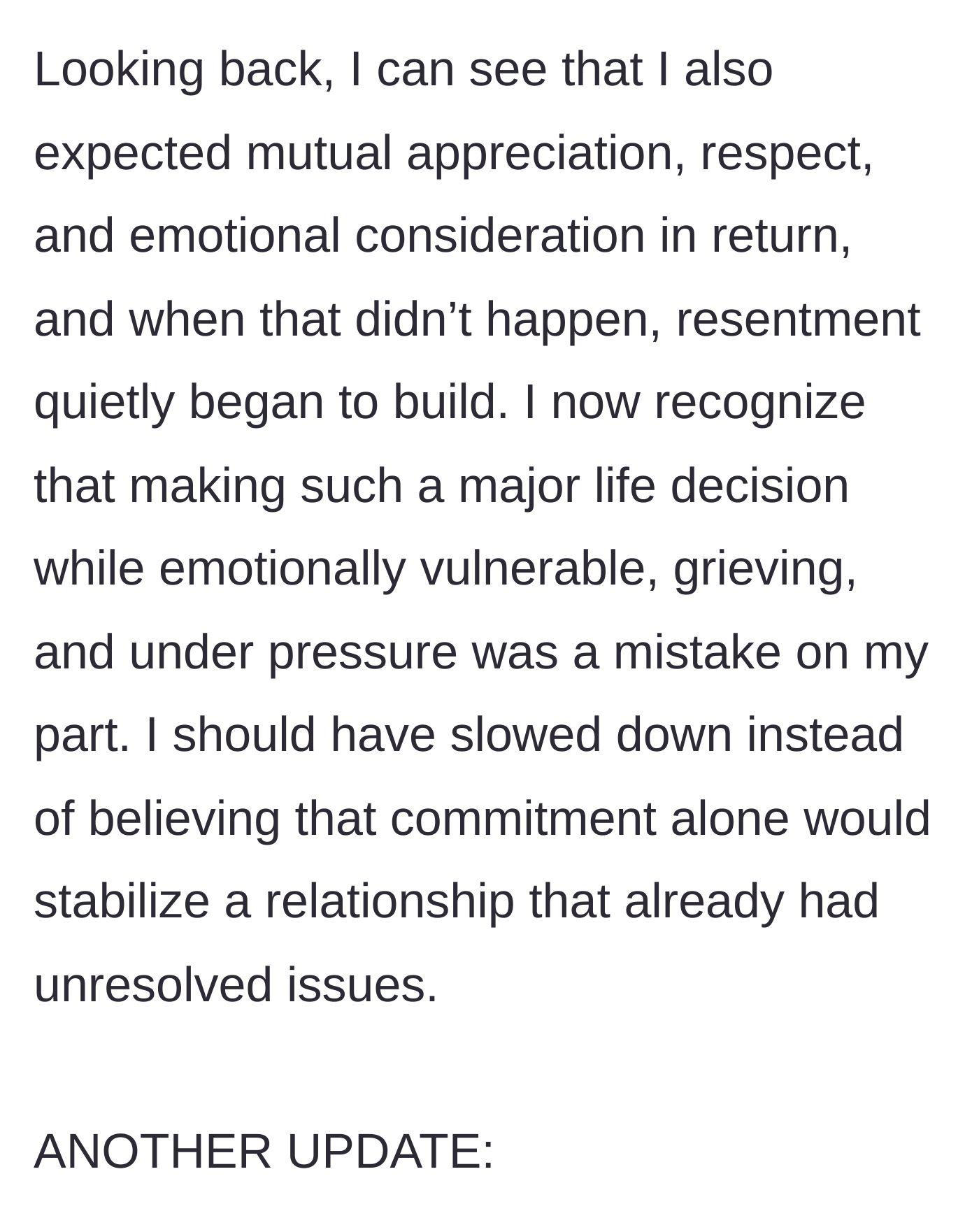 Story part 17 - Husband realizes he expected mutual care and made a mistake under pressure.
