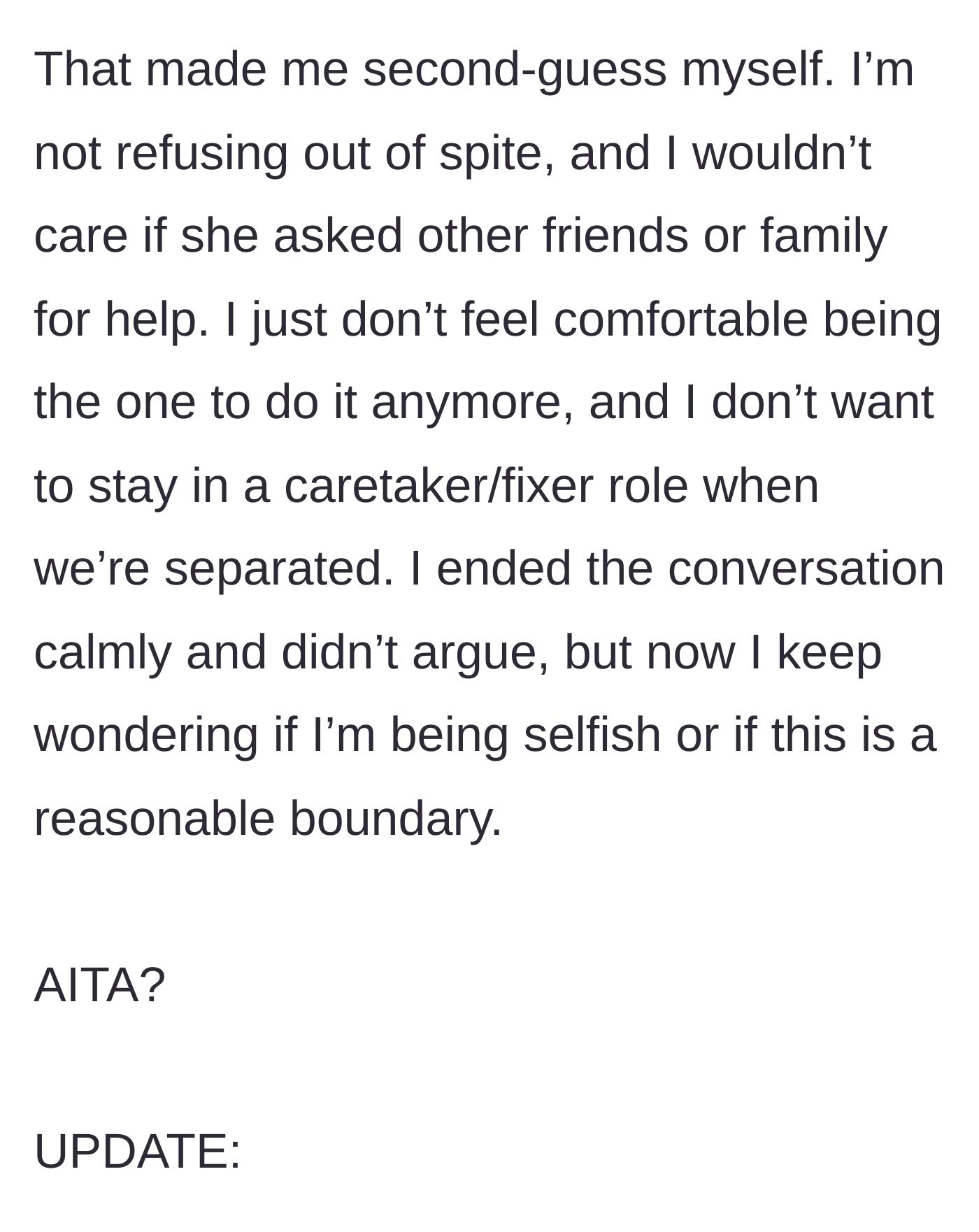 Story part 5 - Husband questions if he was wrong to set a boundary.
