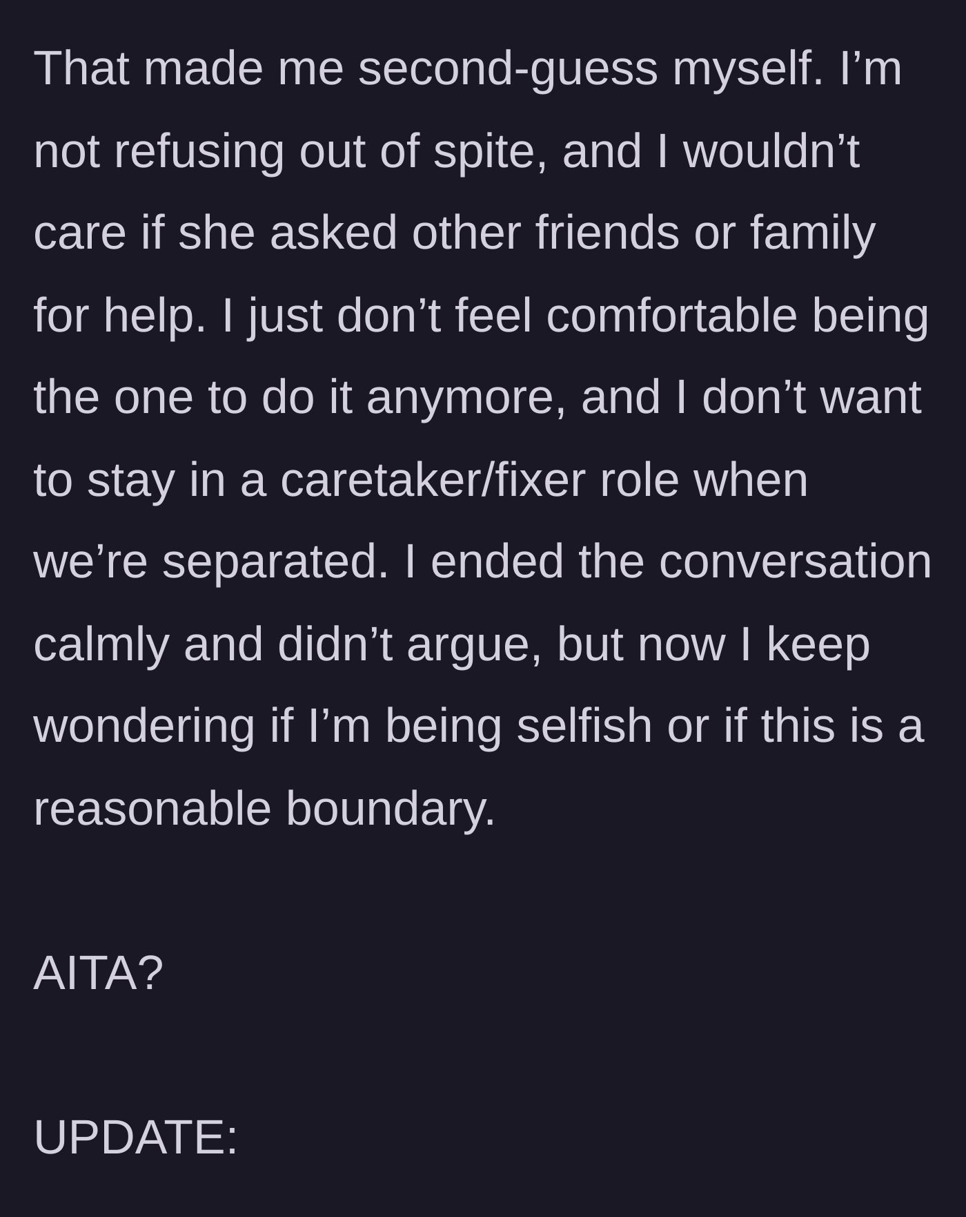 Story part 5 - Husband questions if he was wrong to set a boundary.