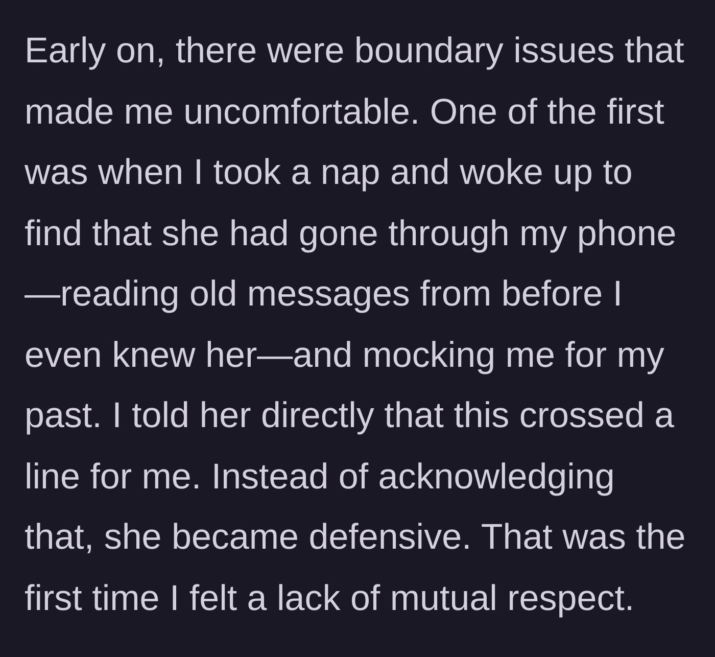 Story part 9 - Wife goes through his phone and mocks his past early on.