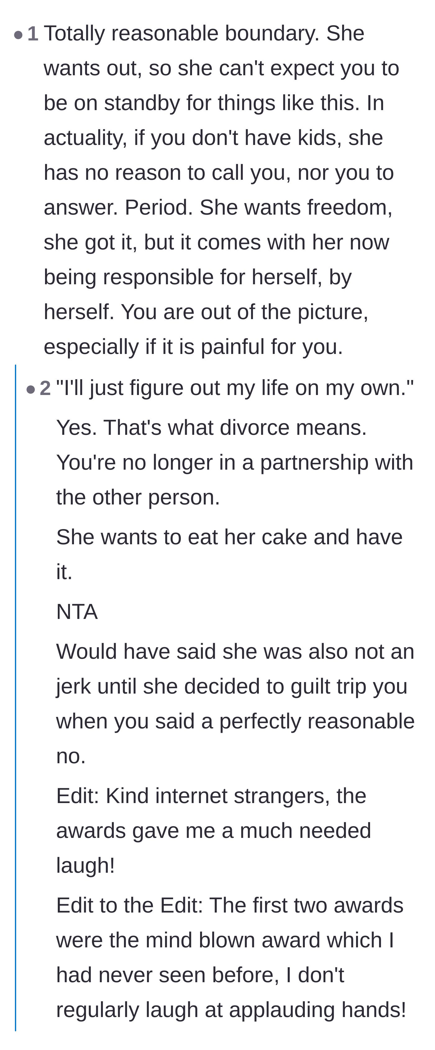 Comment thread 1 - Readers debating the harsh reality of divorce boundaries versus the husband's violent past.