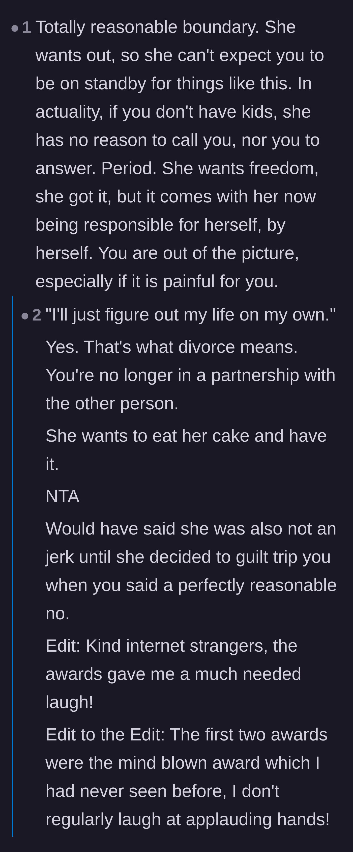 Comment thread 1 - Readers debating the harsh reality of divorce boundaries versus the husband's violent past.