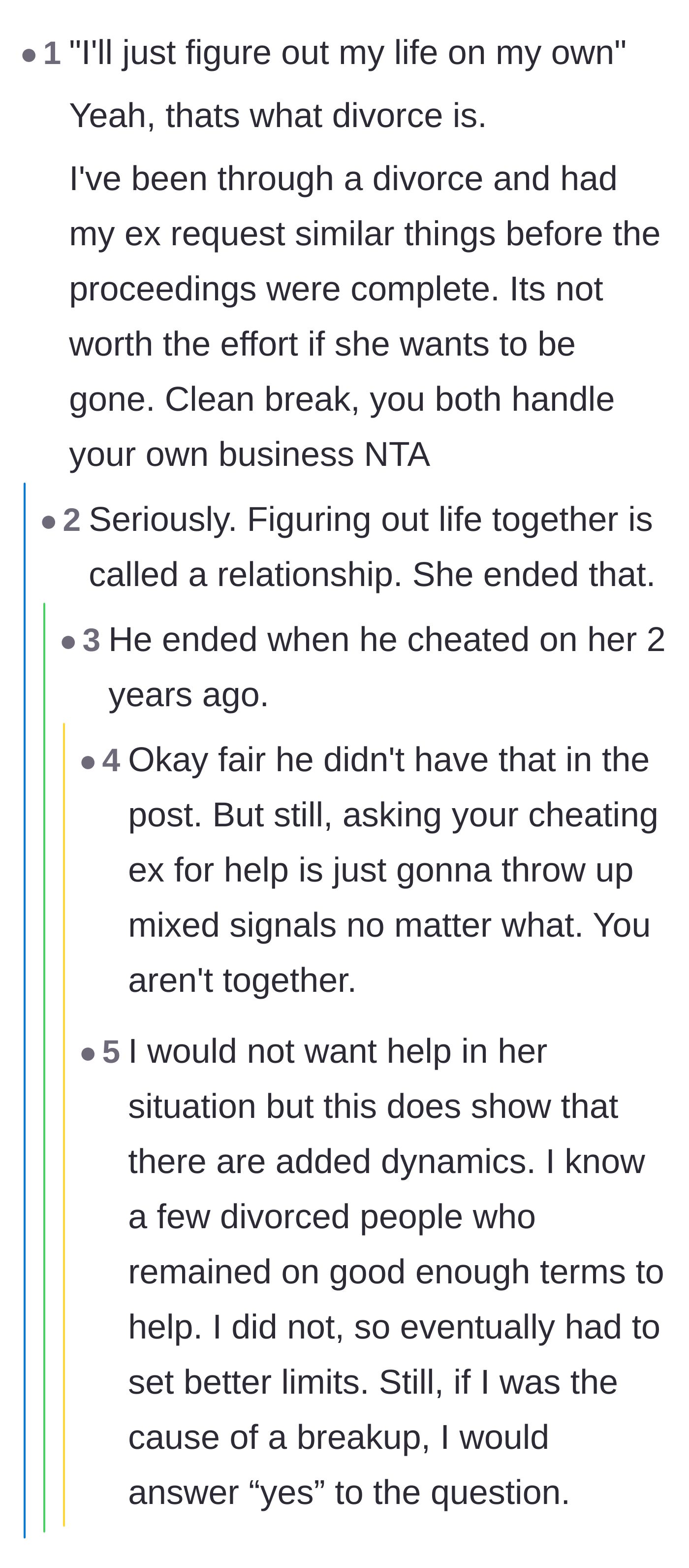 Comment thread 2 - The community unpacking the complicated expectations of post-breakup favors after infidelity.