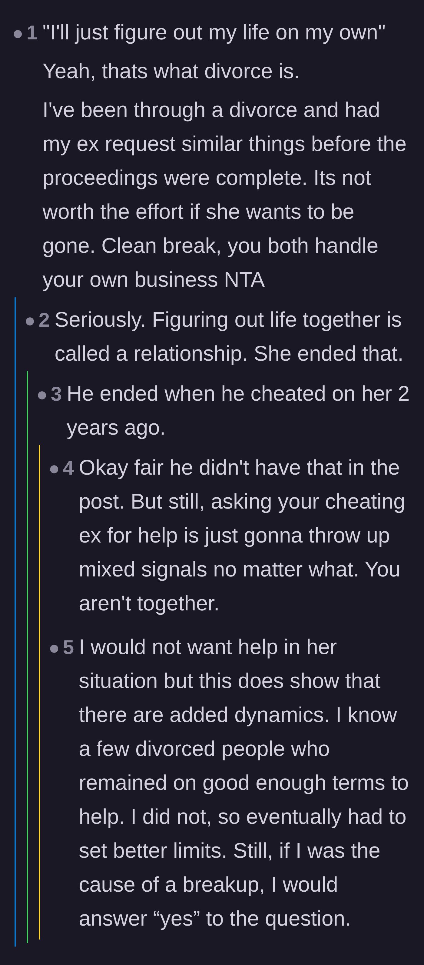 Comment thread 2 - The community unpacking the complicated expectations of post-breakup favors after infidelity.