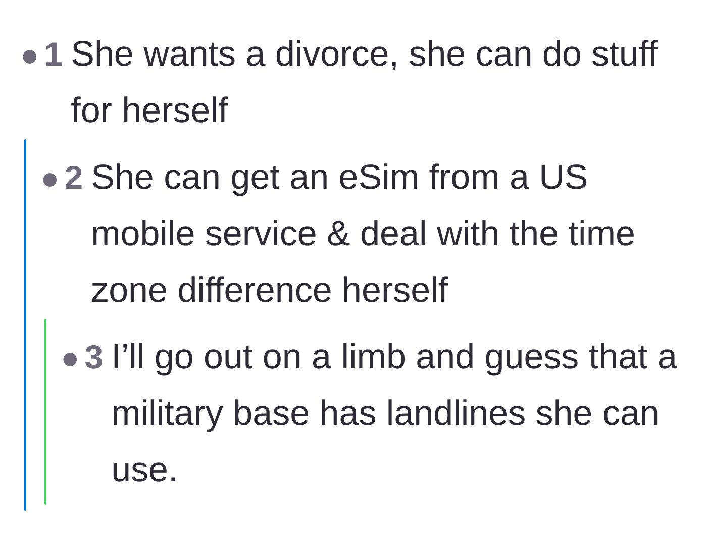 Comment thread 6 - Practical advice on how the wife could have easily handled the banking logistics herself from overseas.