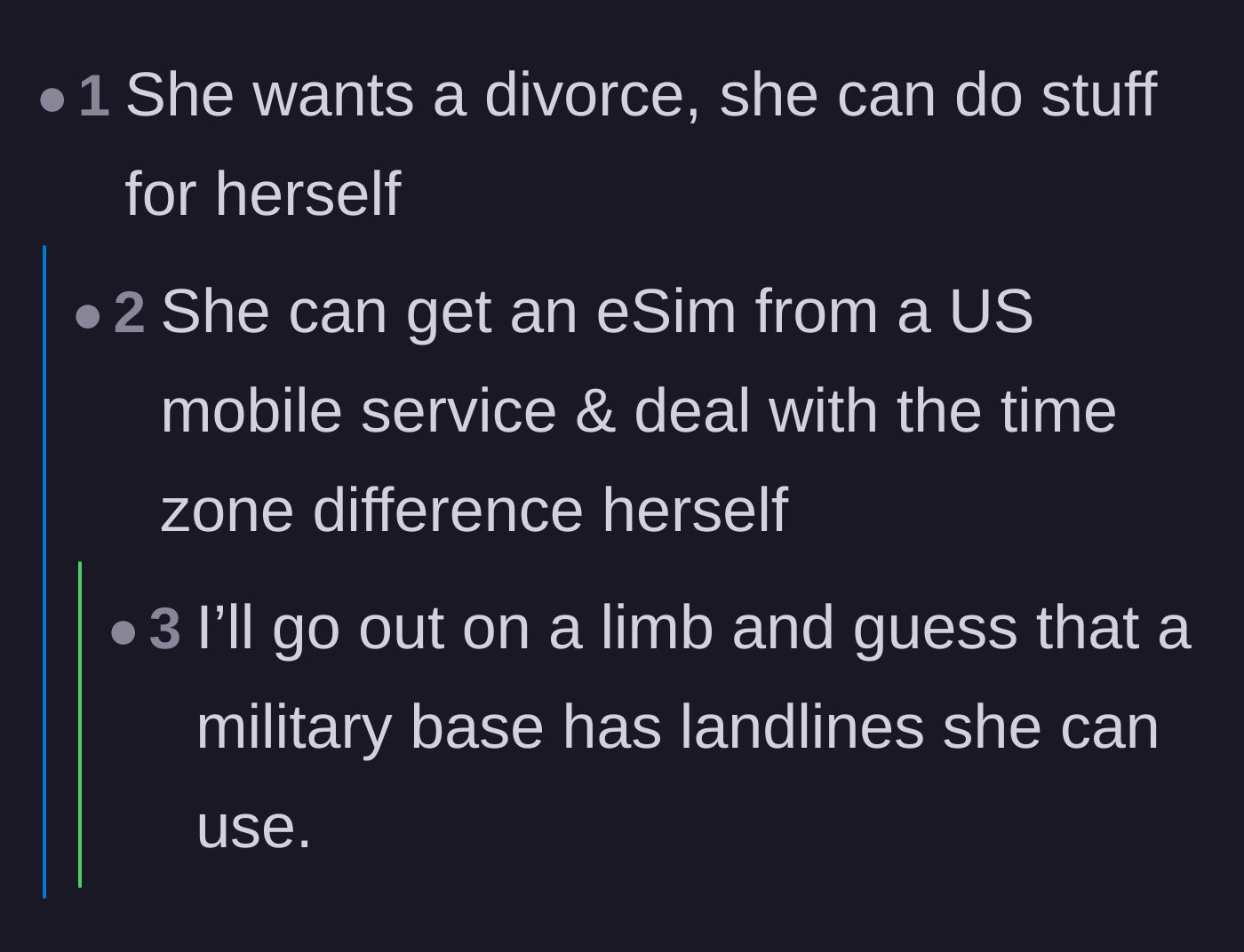 Comment thread 6 - Practical advice on how the wife could have easily handled the banking logistics herself from overseas.