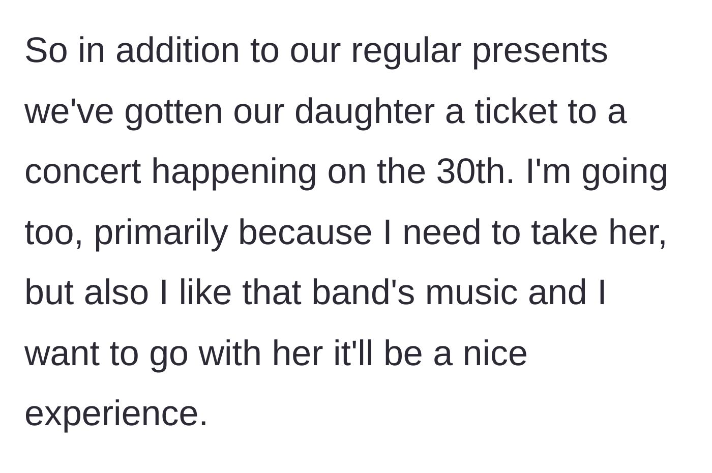 Story part 1 - A mom planning a surprise concert ticket for her daughter's Christmas present.