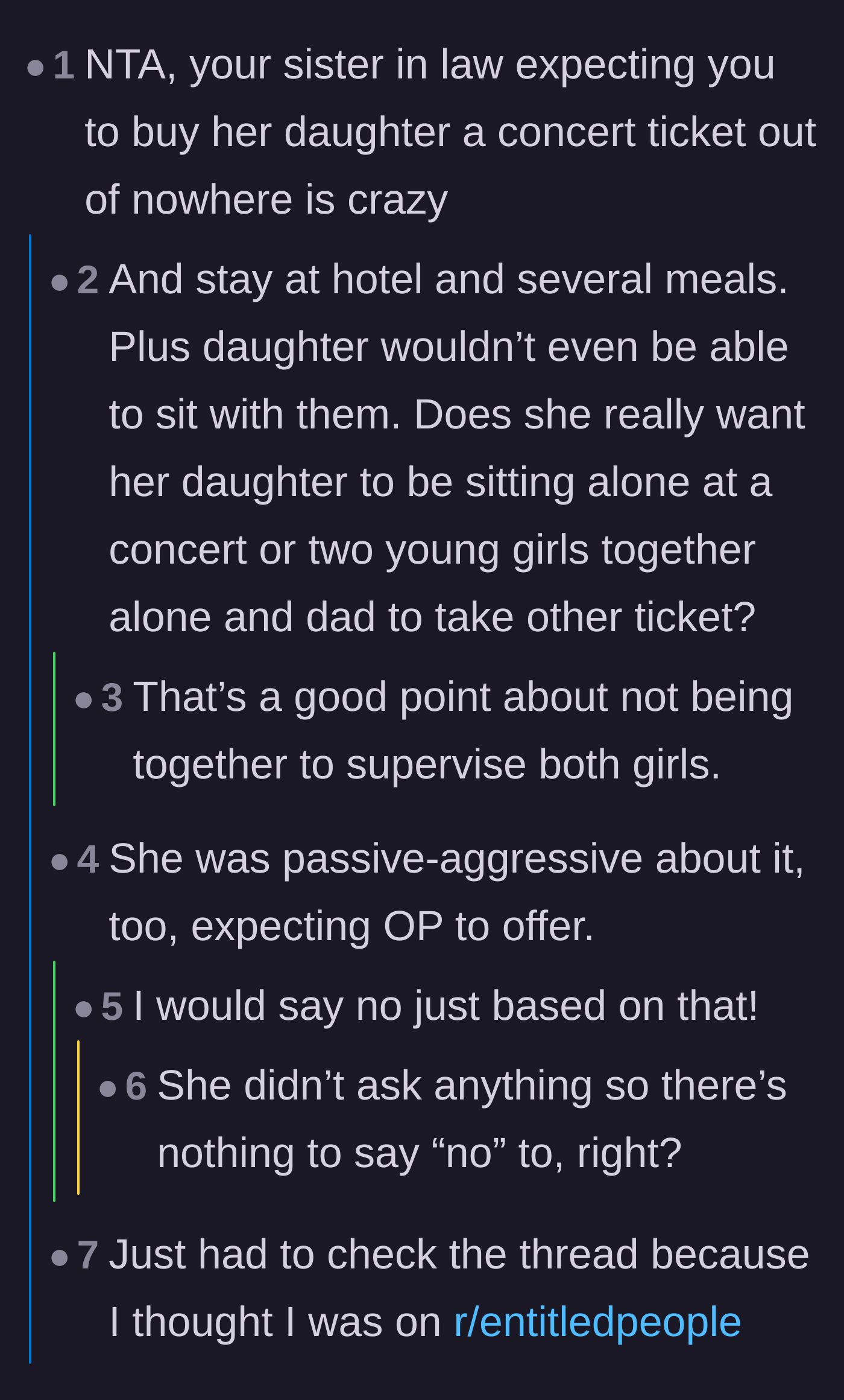 Comment thread 2 - A thread pointing out the hidden costs of taking the niece, like hotels and meals, plus the audacity of the passive-aggressive hints.