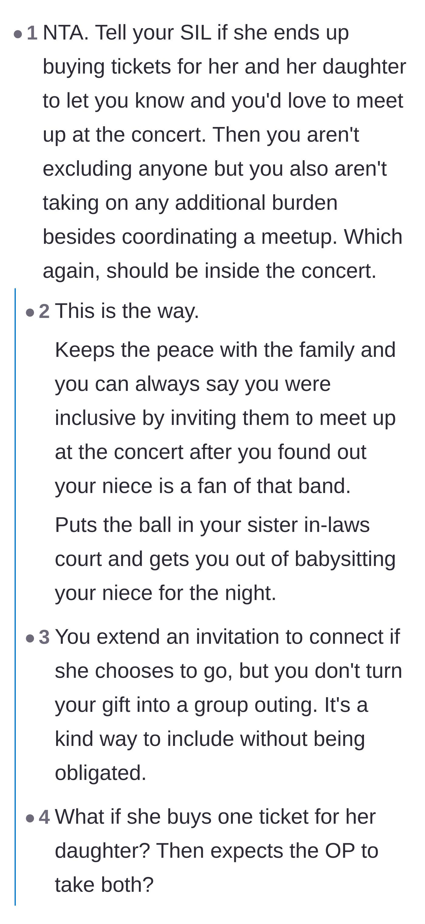 Comment thread 3 - Advice suggesting the mom tell her sister-in-law to buy her own tickets so they can meet up at the concert.