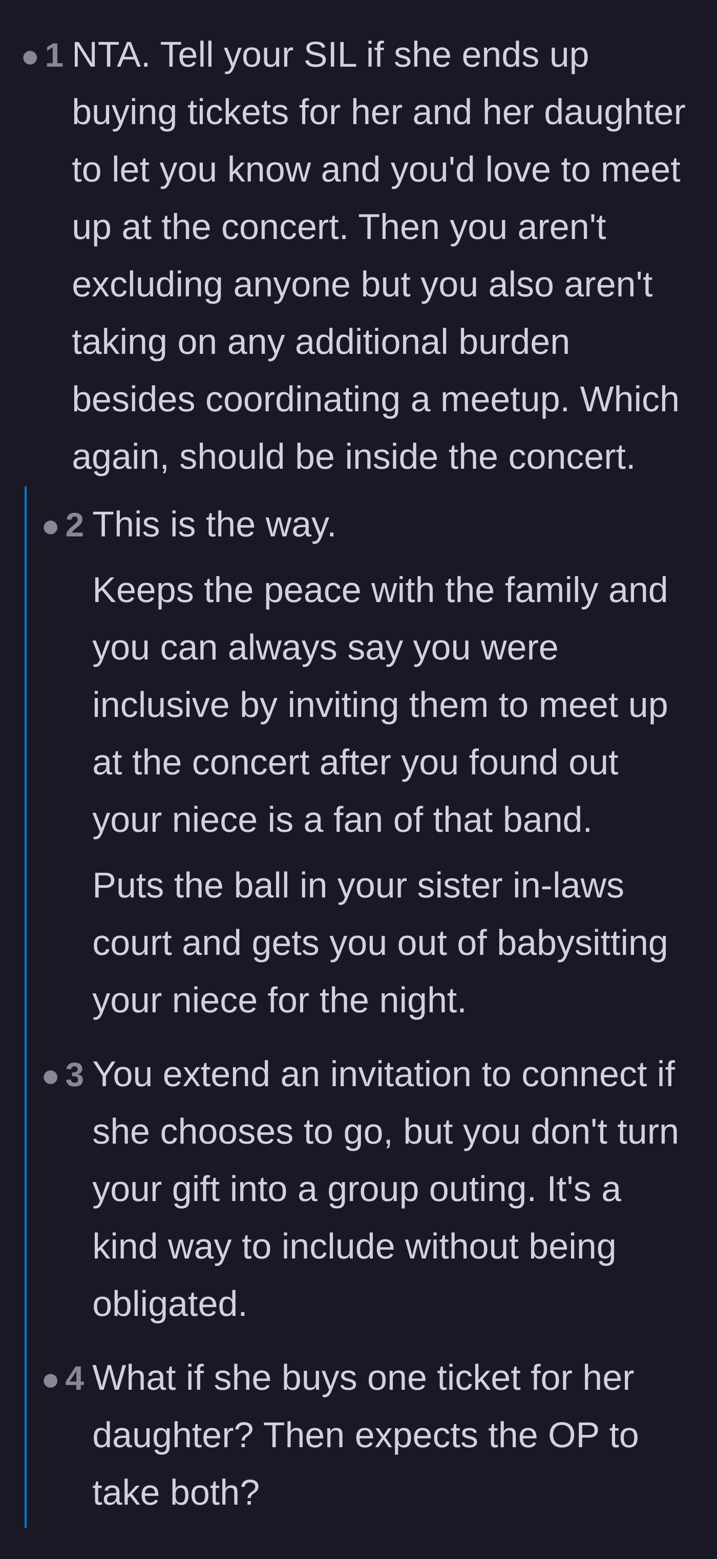 Comment thread 3 - Advice suggesting the mom tell her sister-in-law to buy her own tickets so they can meet up at the concert.