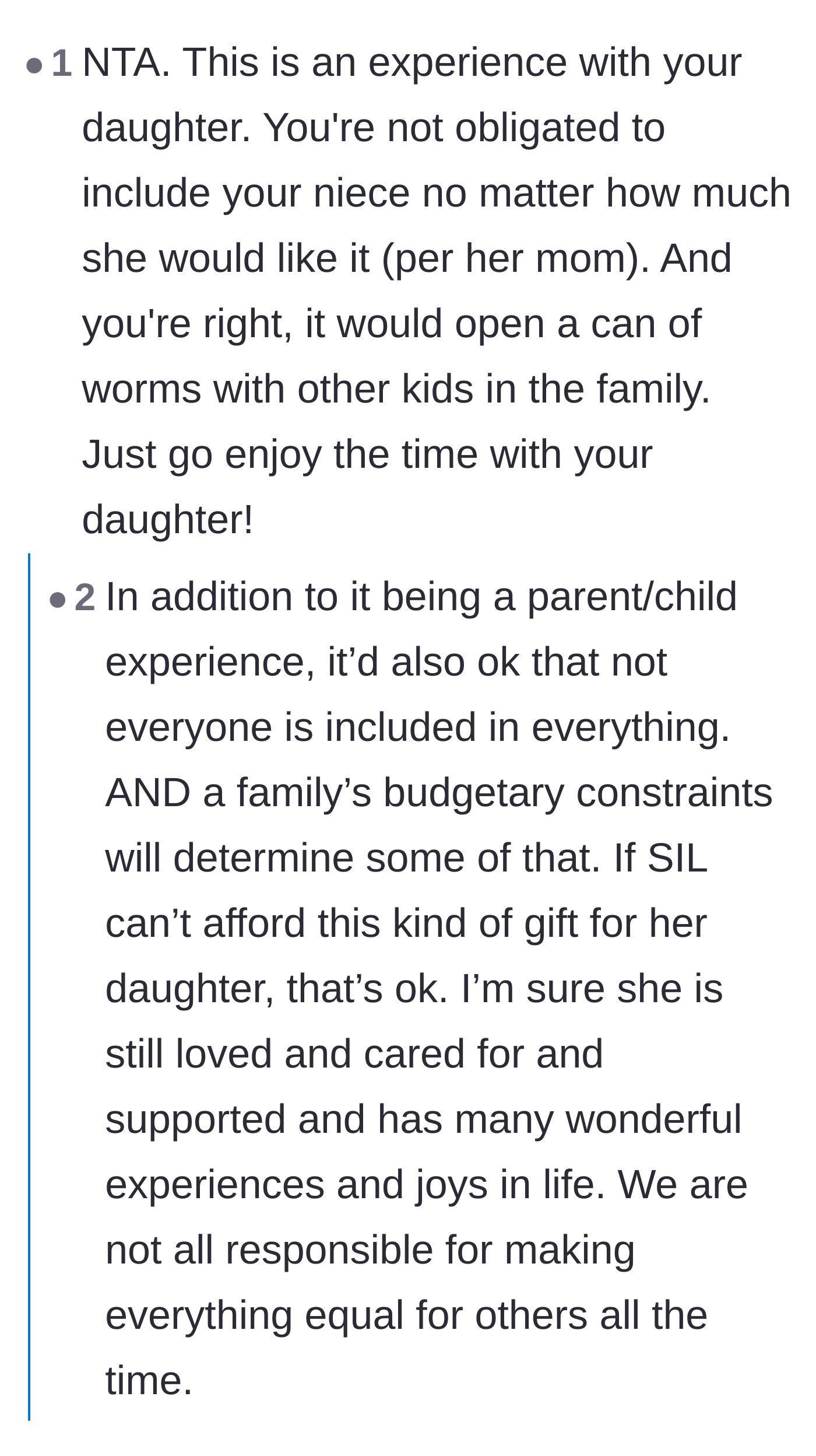 Comment thread 5 - Reassurance that it is perfectly okay for a mother to prioritize an exclusive experience with her own daughter without feeling guilty.