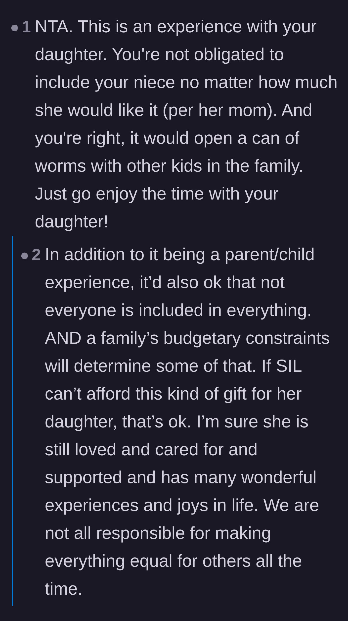 Comment thread 5 - Reassurance that it is perfectly okay for a mother to prioritize an exclusive experience with her own daughter without feeling guilty.