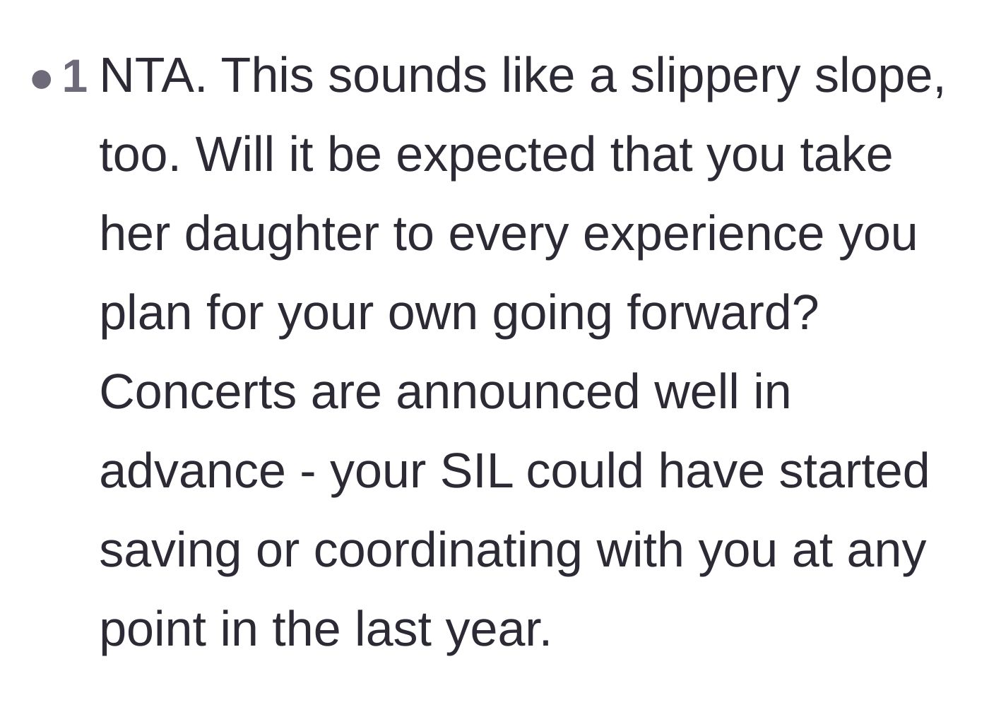 Comment thread 6 - A discussion about how concerts are announced months in advance, meaning the sister-in-law had plenty of time to save up.