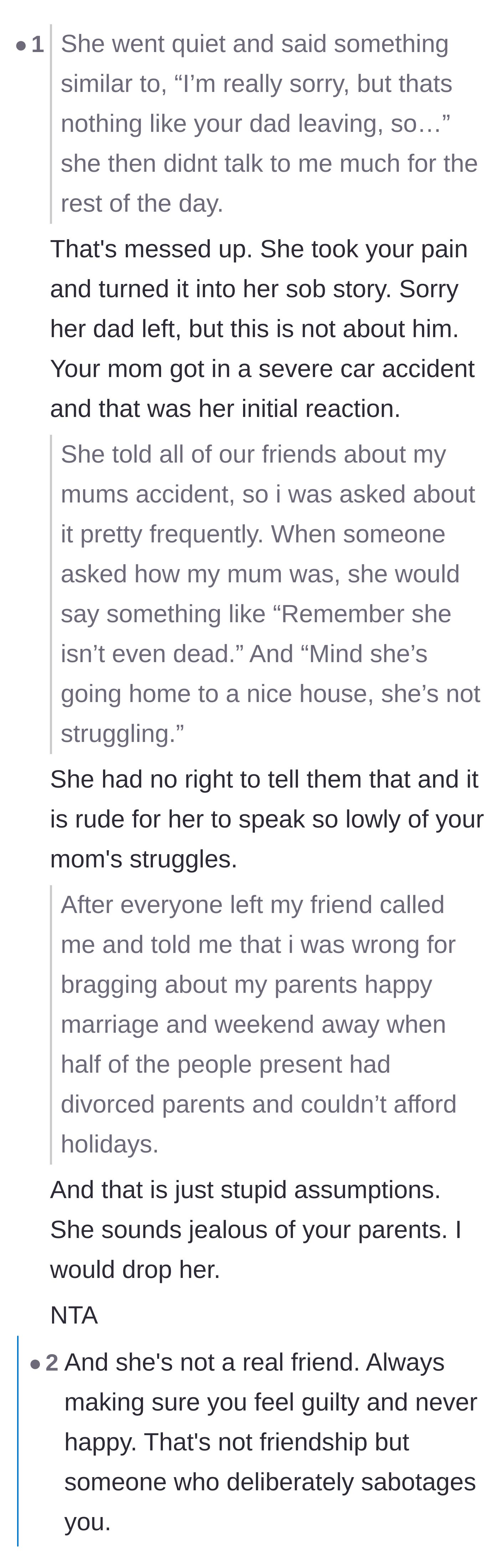 Comment thread 1 - Discussion about the friend projecting her own abandonment issues and using the narrator to play the victim