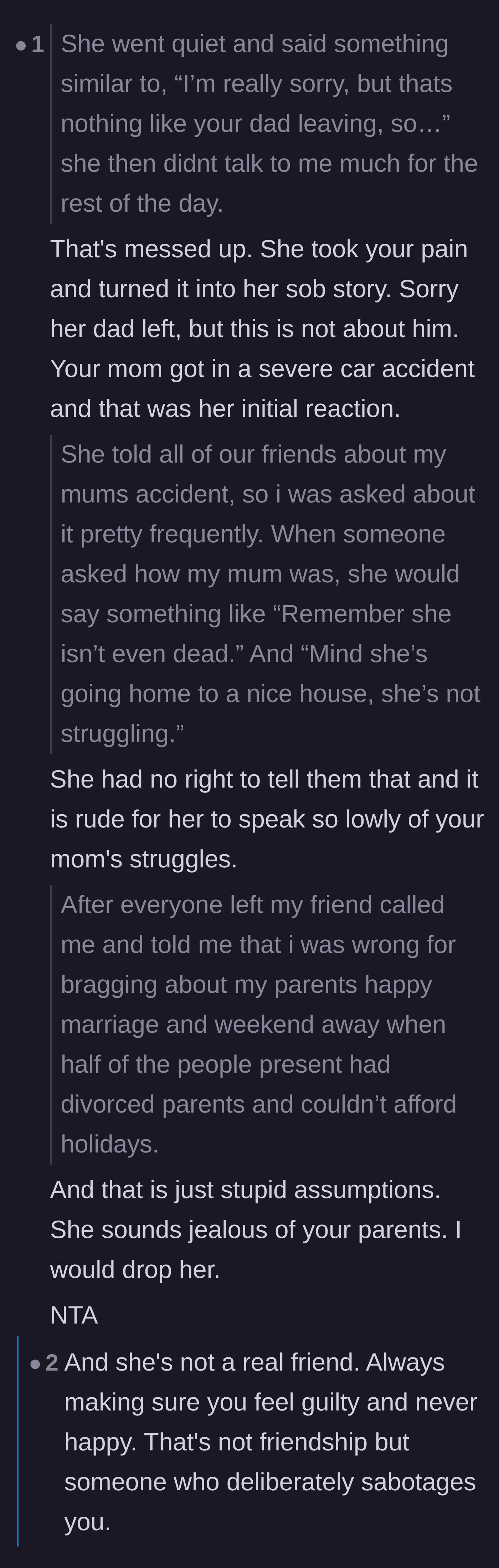 Comment thread 1 - Discussion about the friend projecting her own abandonment issues and using the narrator to play the victim