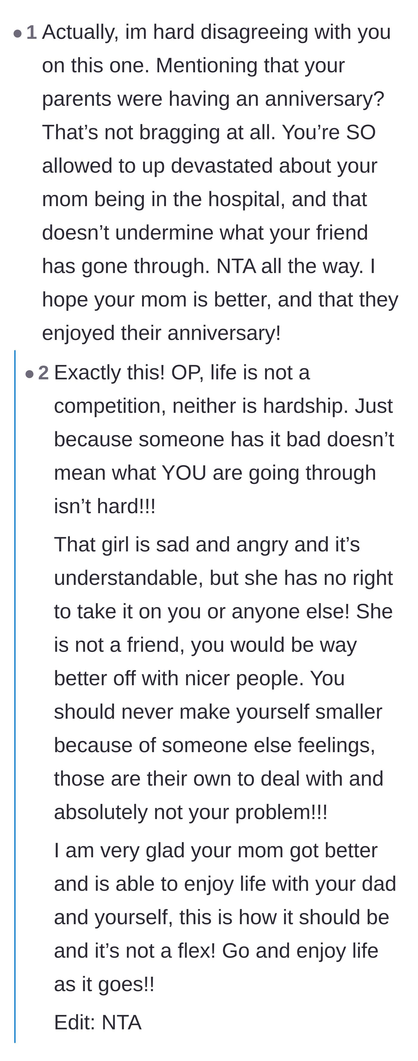 Comment thread 2 - Commenters sharing their own stories of parental loss to prove that true friends don't resent each other's happiness