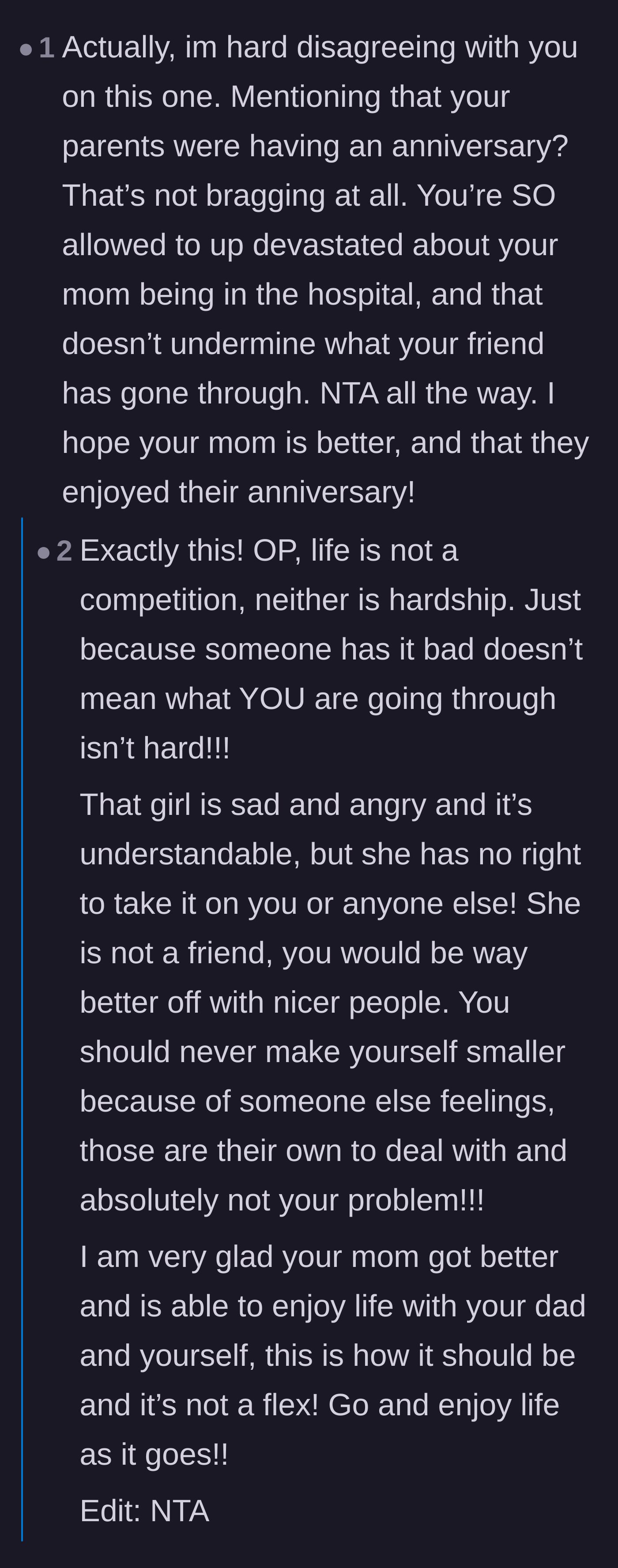 Comment thread 2 - Commenters sharing their own stories of parental loss to prove that true friends don't resent each other's happiness