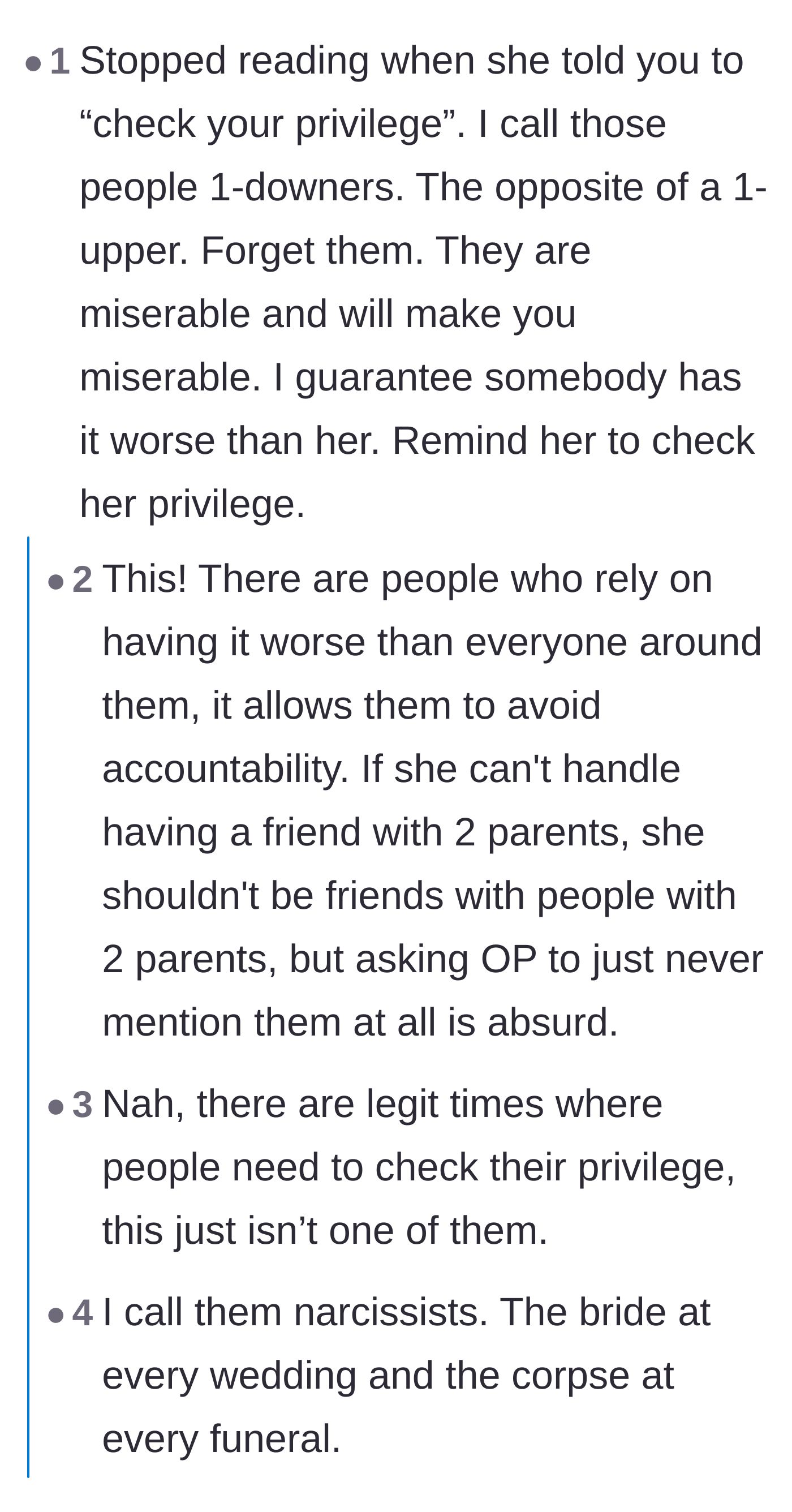 Comment thread 4 - Calling out the friend's behavior as being a 'one-downer' who constantly plays the suffering olympics