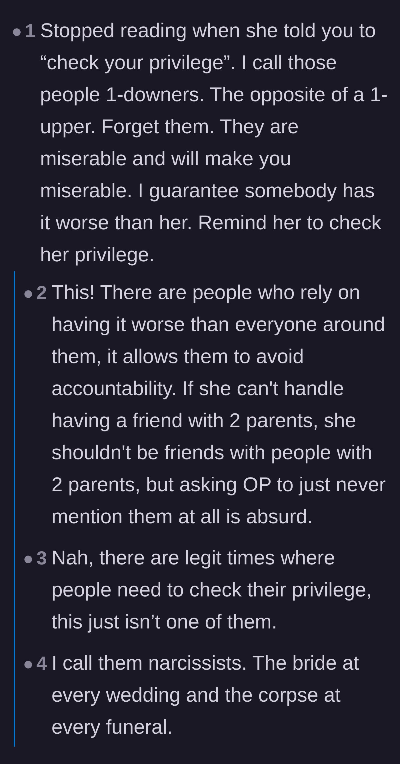Comment thread 4 - Calling out the friend's behavior as being a 'one-downer' who constantly plays the suffering olympics
