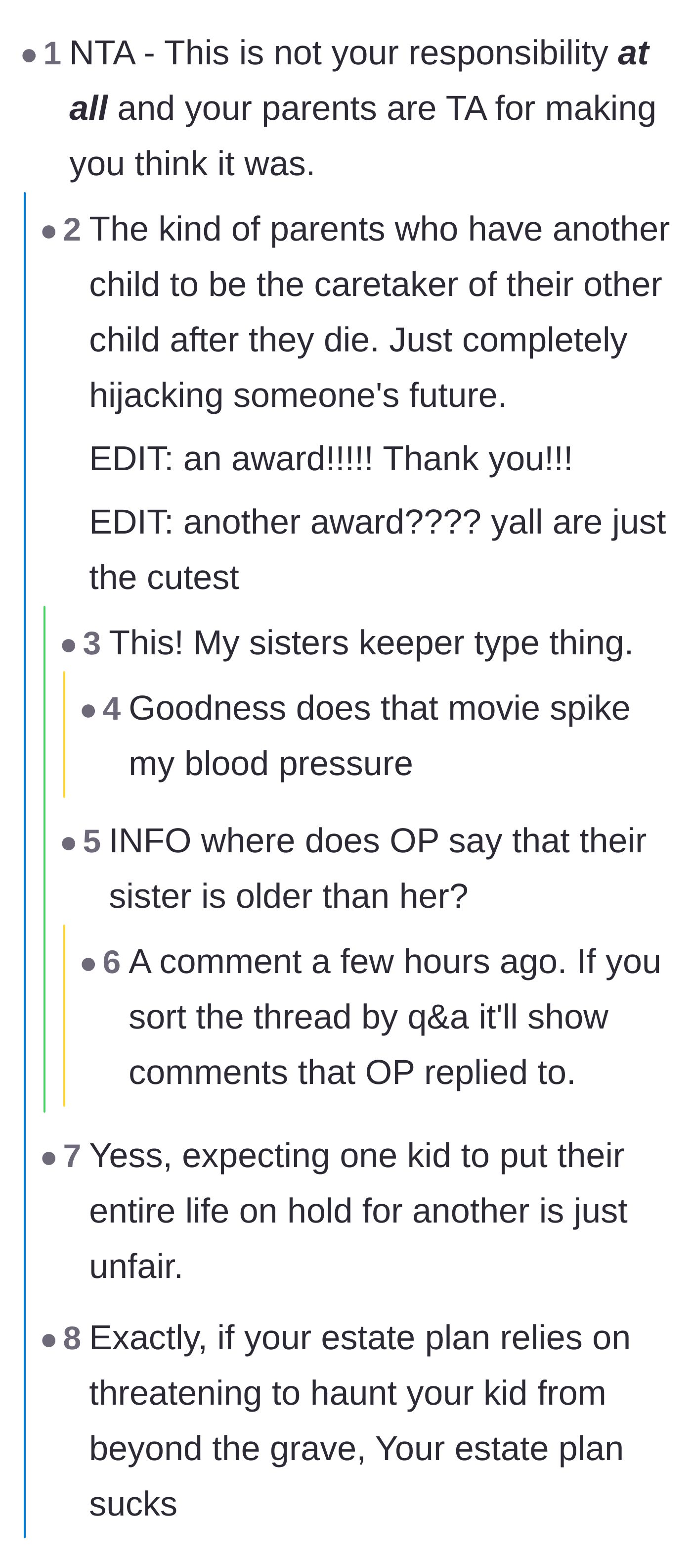 Comment thread 2 - A discussion about the cruelty of parents having a second child specifically to act as a lifelong caregiver for their first.
