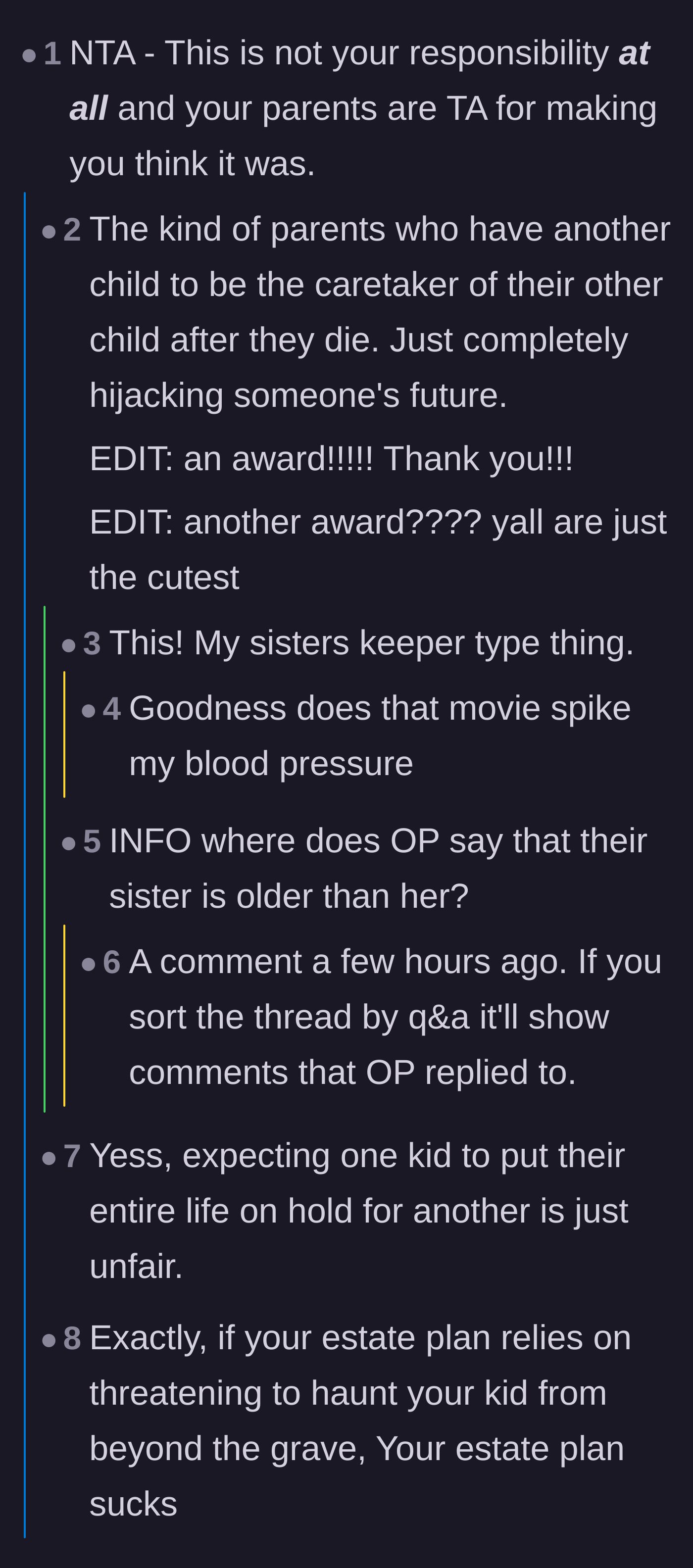 Comment thread 2 - A discussion about the cruelty of parents having a second child specifically to act as a lifelong caregiver for their first.